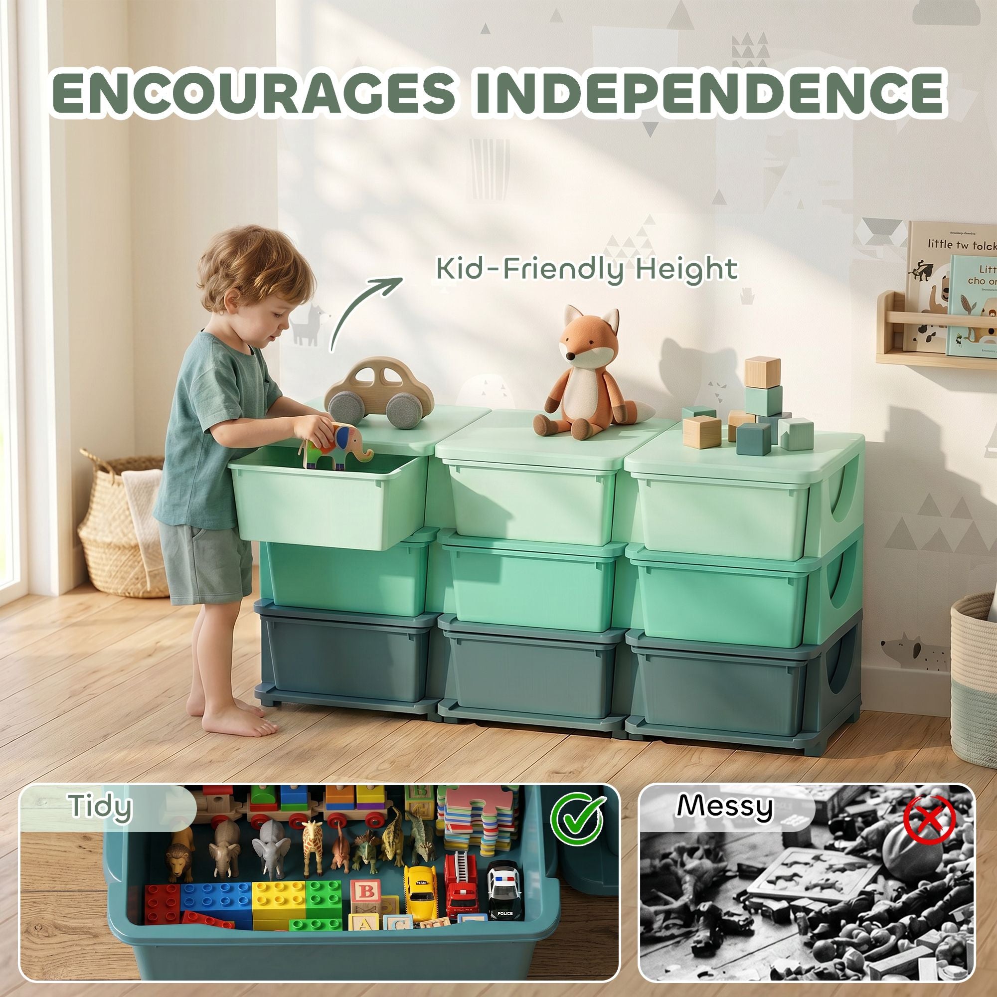 Qaba 3-Tier Kids Toy Storage Organizer with 9 Drawers, Green