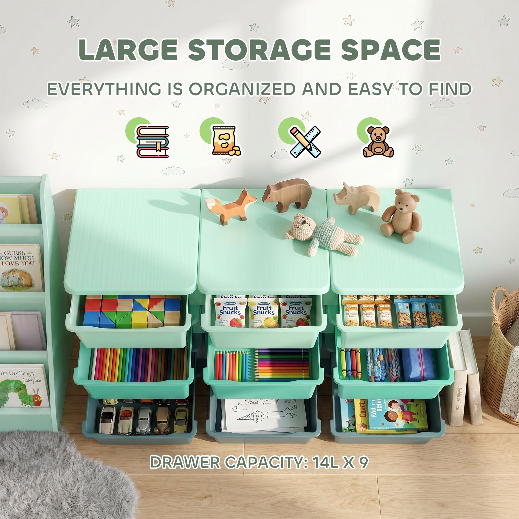 Qaba 3-Tier Kids Toy Storage Organizer with 9 Drawers, Green
