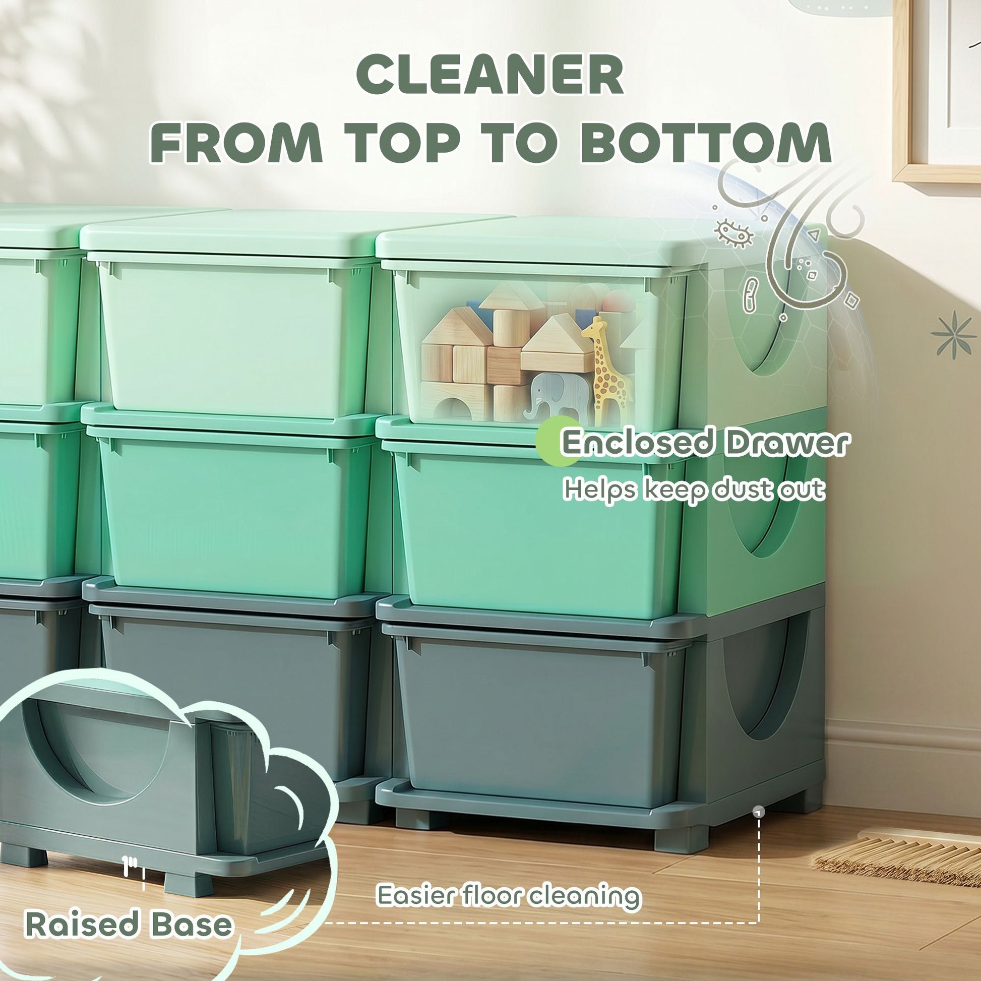 Qaba 3-Tier Kids Toy Storage Organizer with 9 Drawers, Green