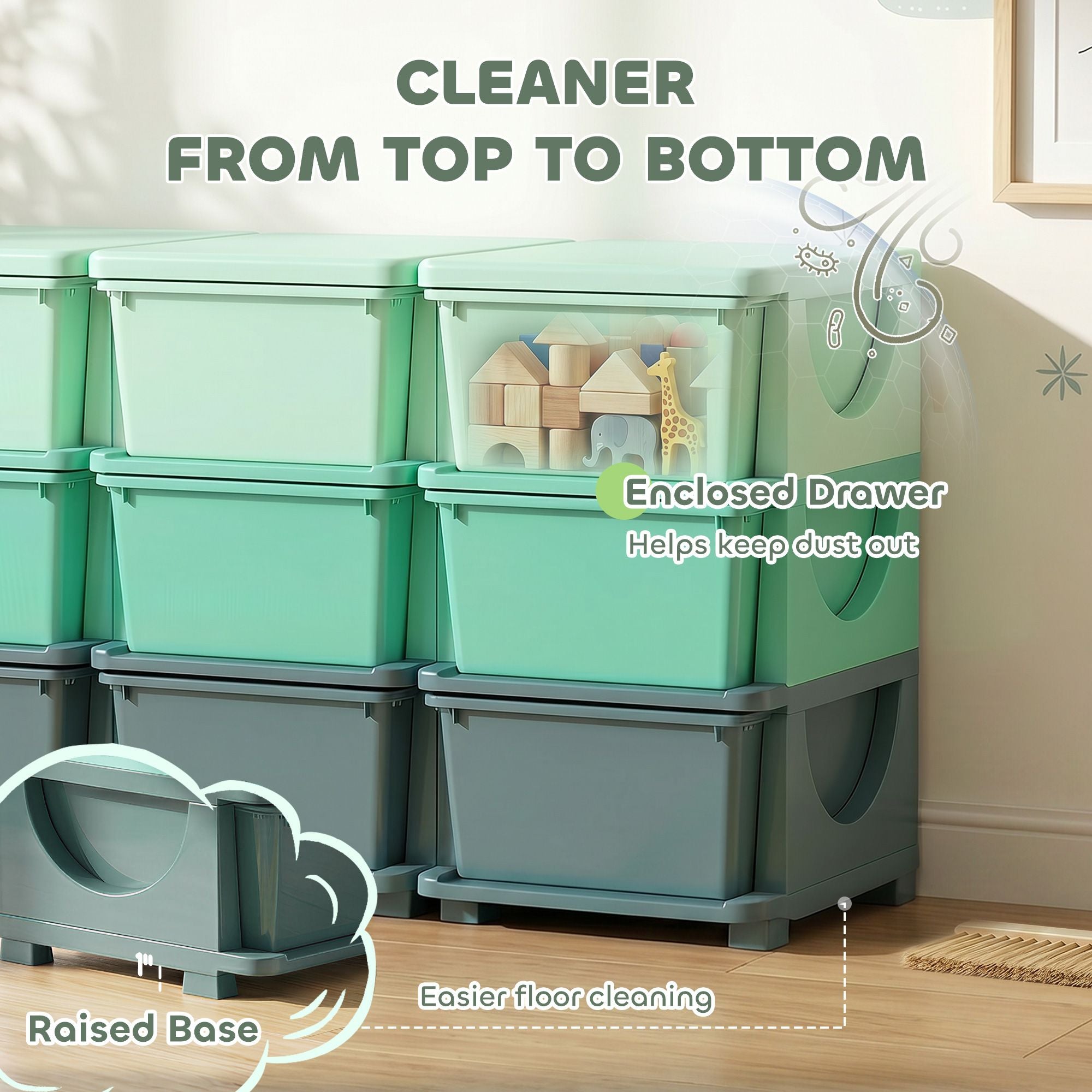 Qaba 3-Tier Kids Toy Storage Organizer with 9 Drawers, Green