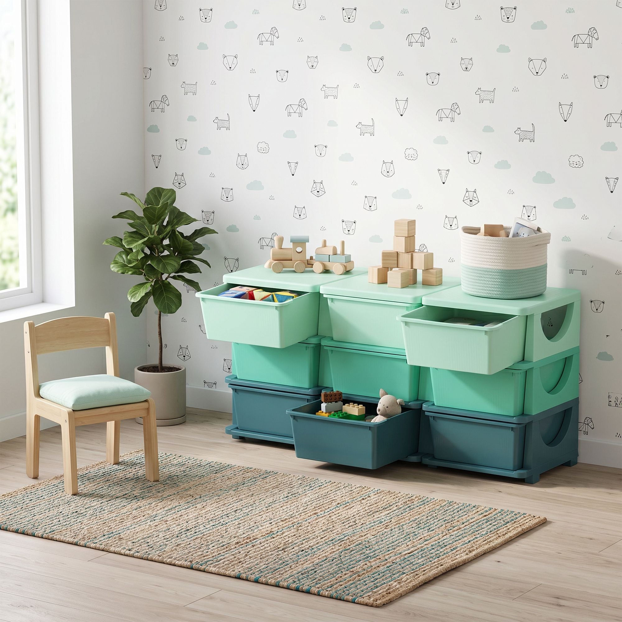 Qaba 3-Tier Kids Toy Storage Organizer with 9 Drawers, Green