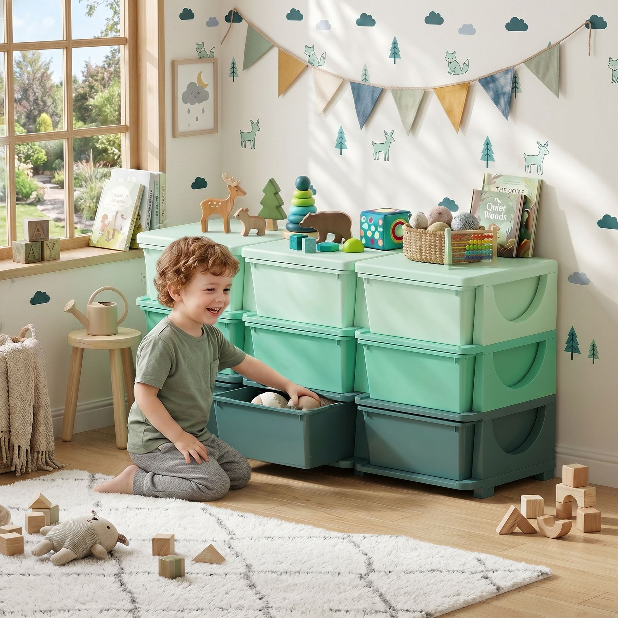Qaba 3-Tier Kids Toy Storage Organizer with 9 Drawers, Green
