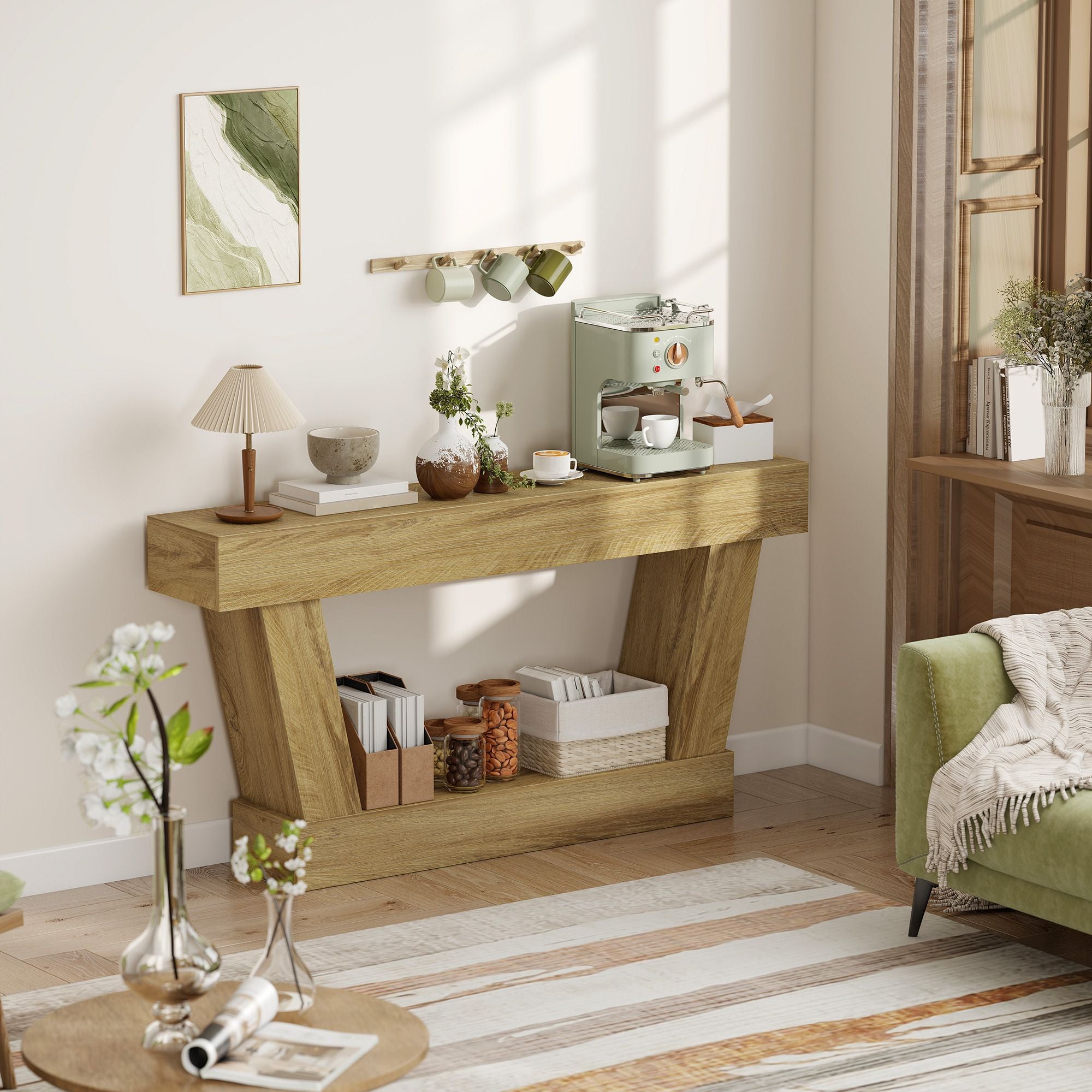 HOMCOM 63 in Vintage Console Table with Open Shelf, Oak