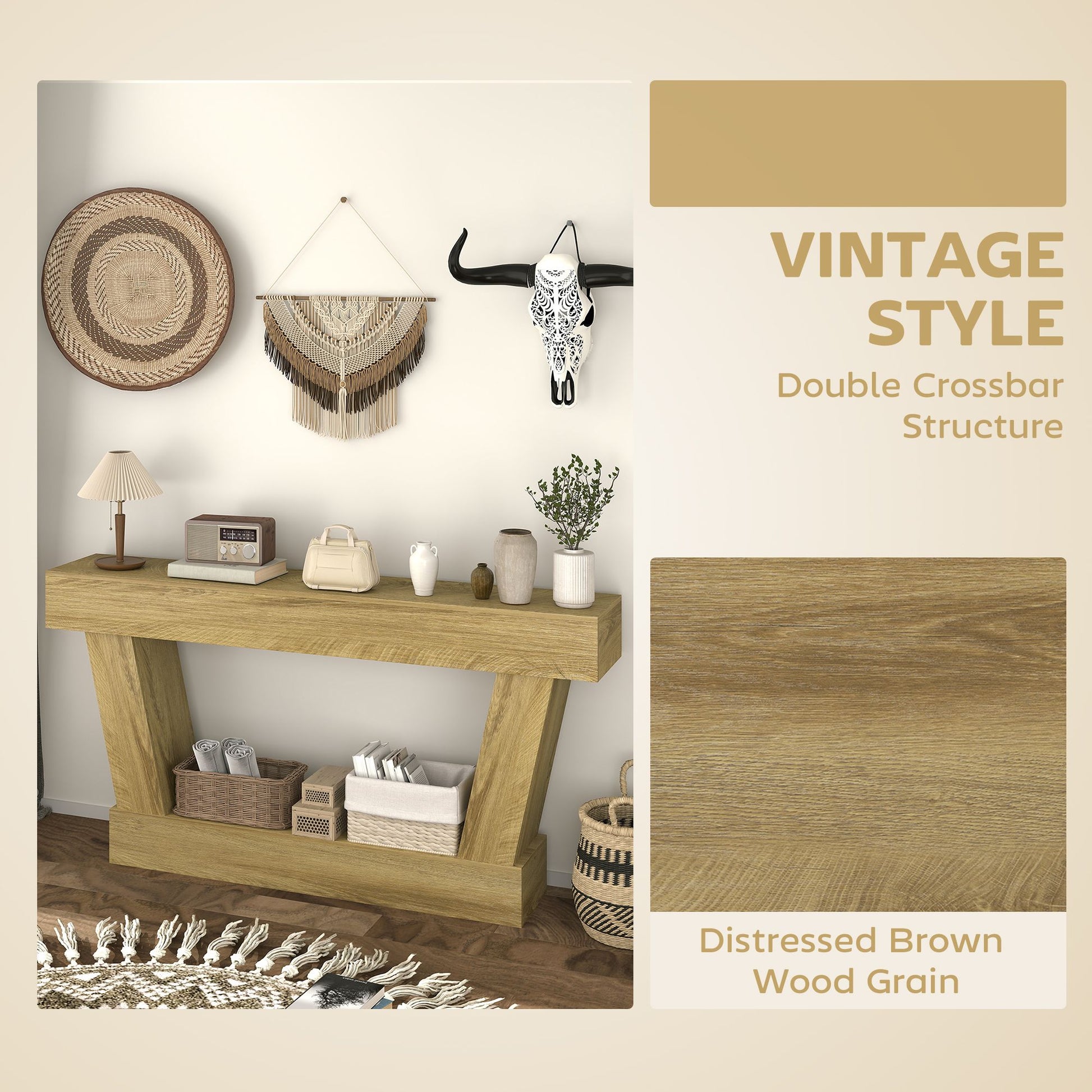 HOMCOM 63 in Vintage Console Table with Open Shelf, Oak