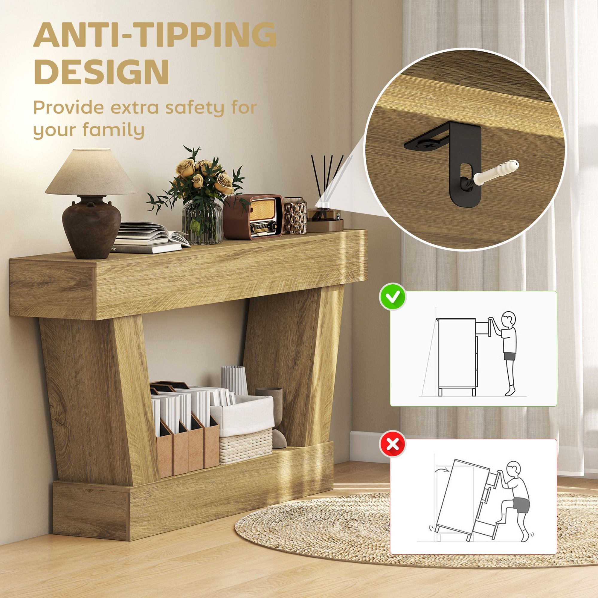 HOMCOM 63 in Vintage Console Table with Open Shelf, Oak