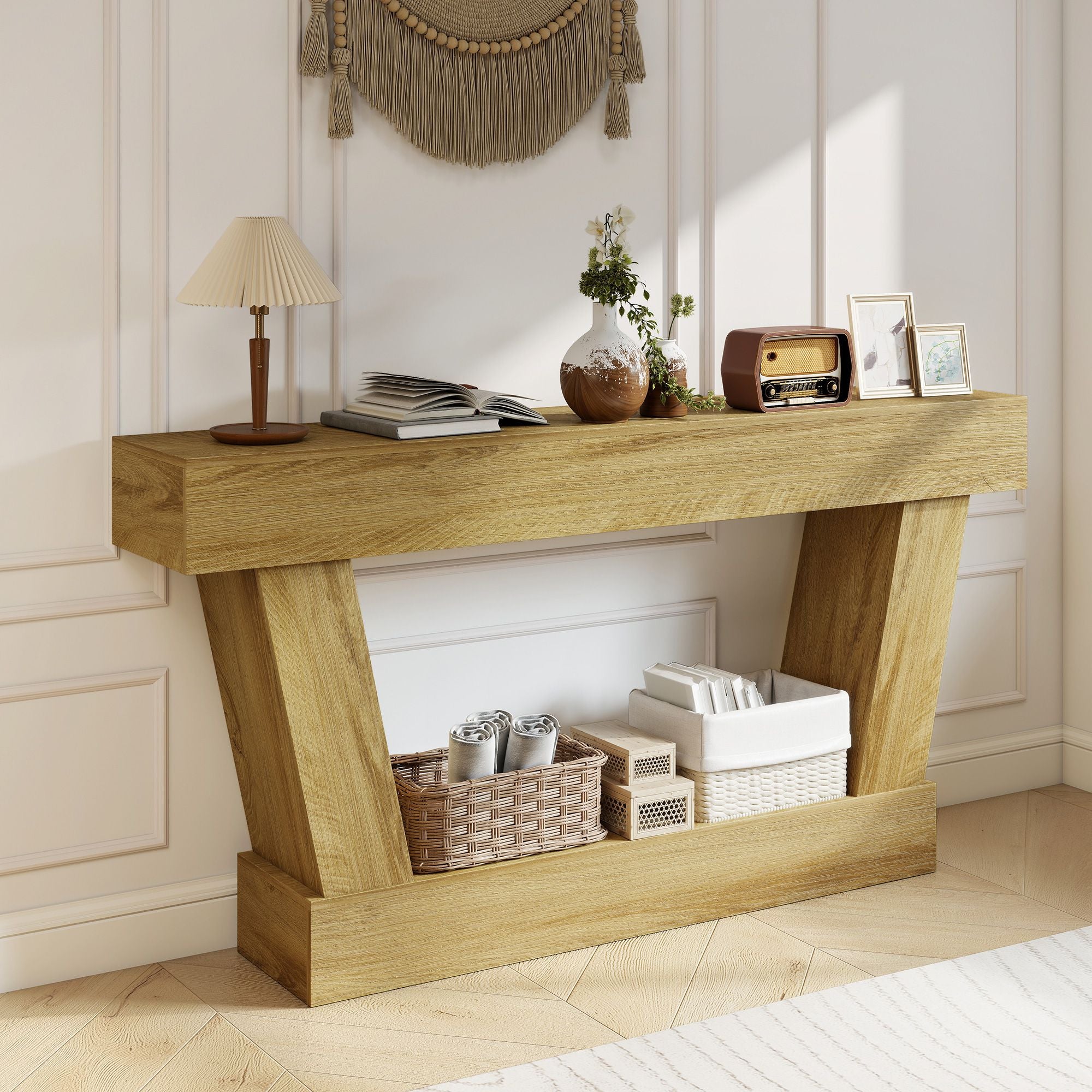 HOMCOM 63 in Vintage Console Table with Open Shelf, Oak