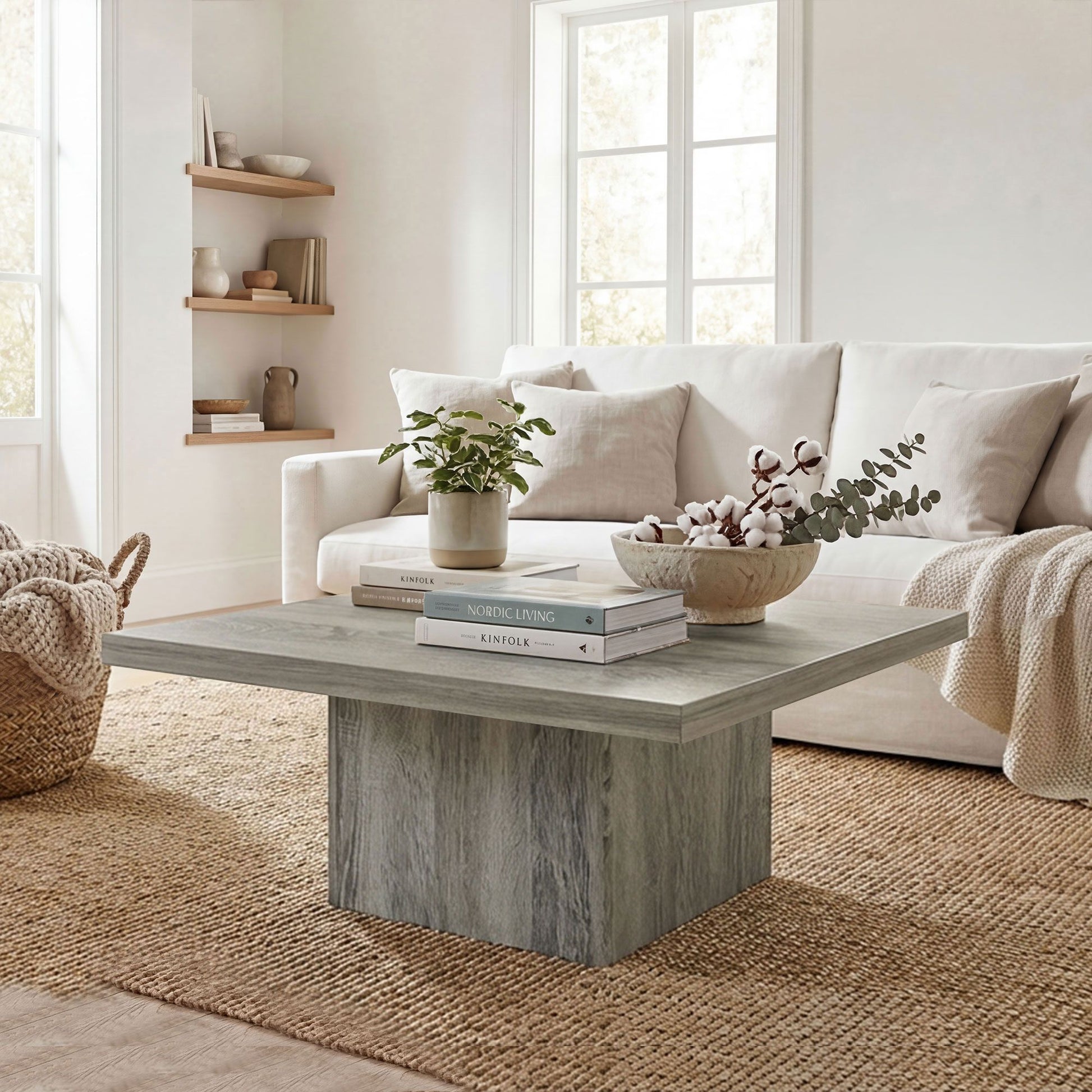 HOMCOM Square Coffee Table with 1.6 in Thick Top, Gray Wood Grain