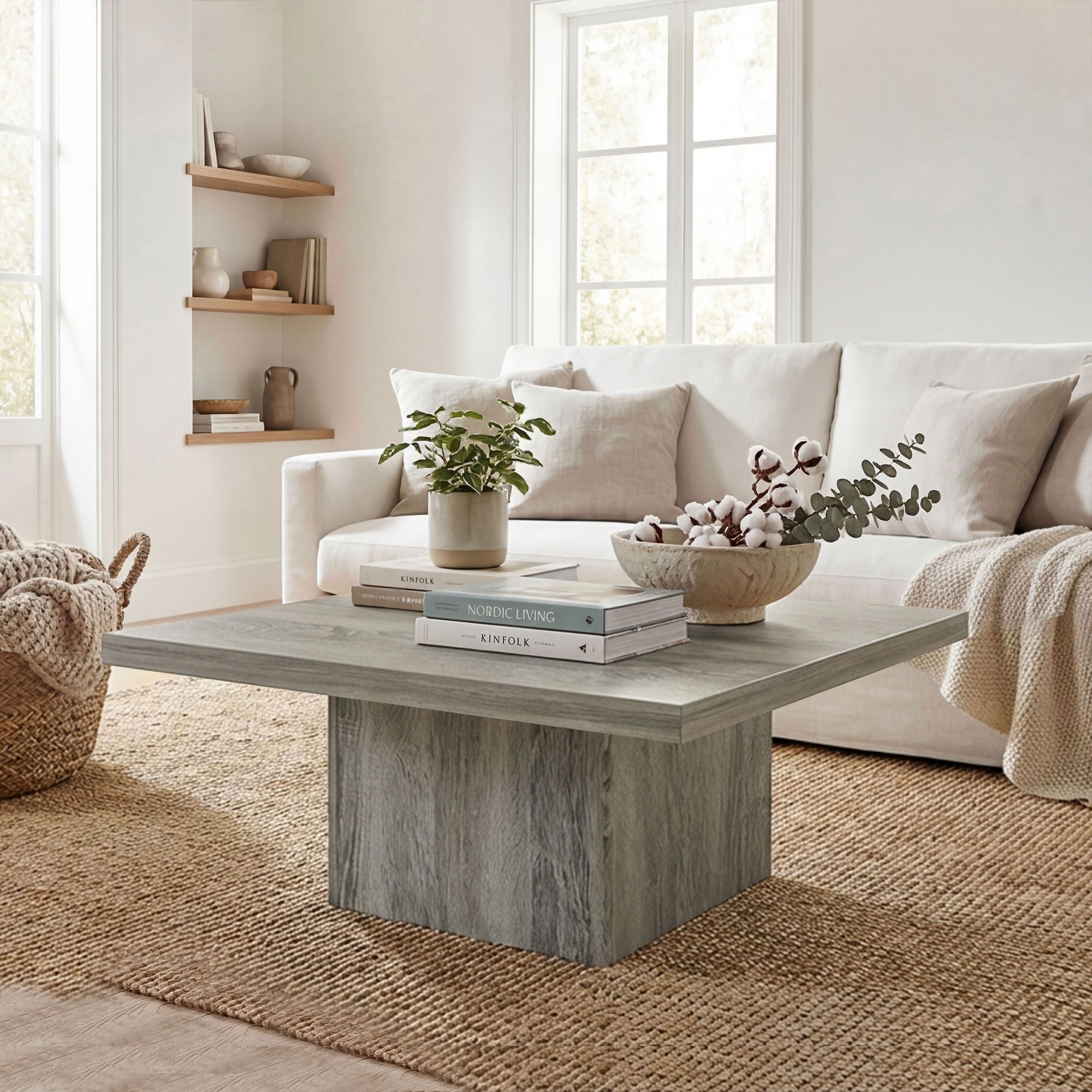 HOMCOM Square Coffee Table with 1.6 in Thick Top, Gray Wood Grain