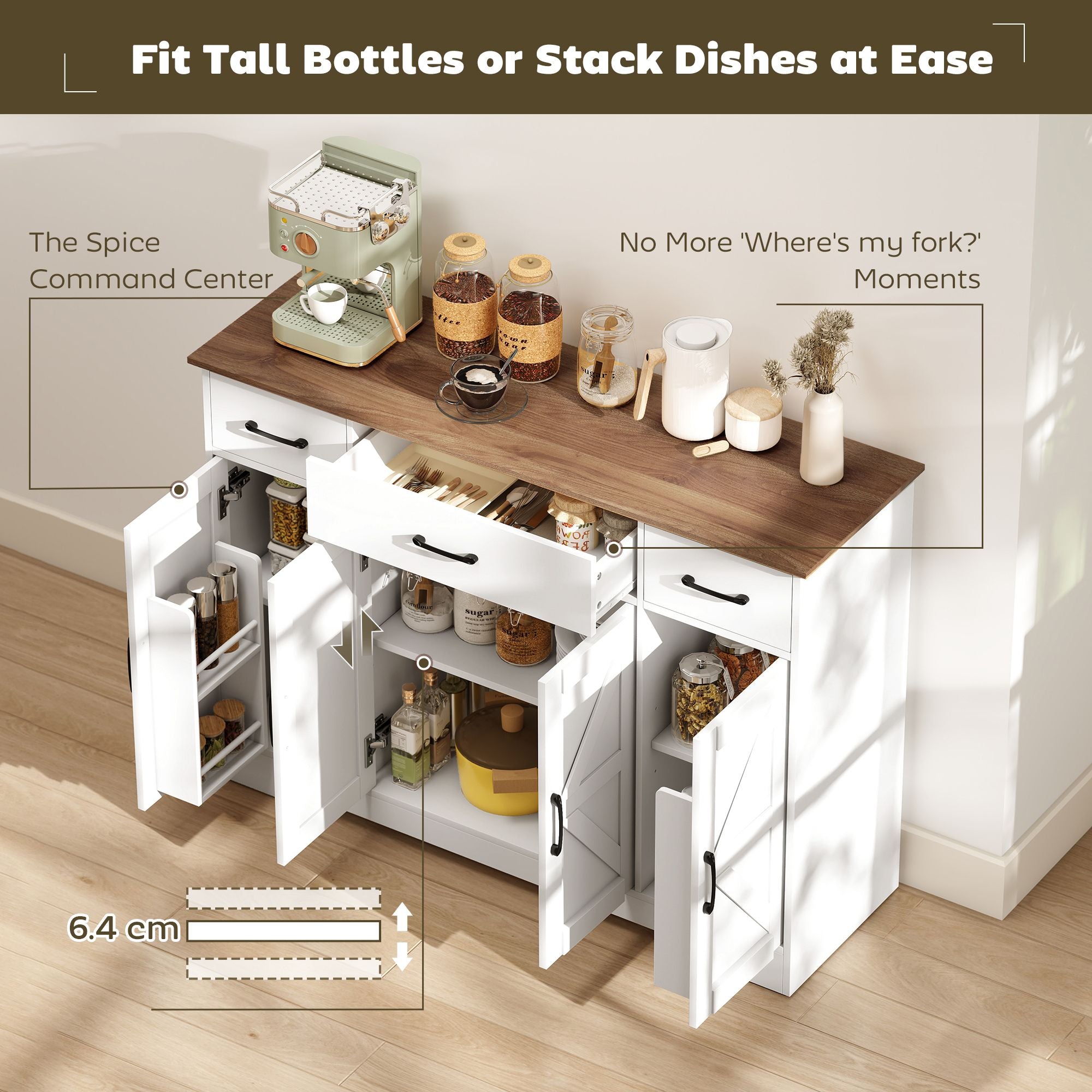 HOMCOM 47 in Farmhouse Buffet Sideboard with 3 Drawers, White & Walnut