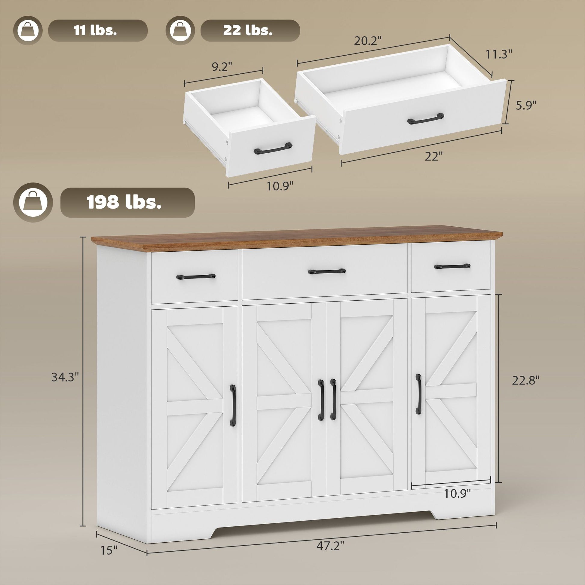 HOMCOM 47 in Farmhouse Buffet Sideboard with 3 Drawers, White & Walnut