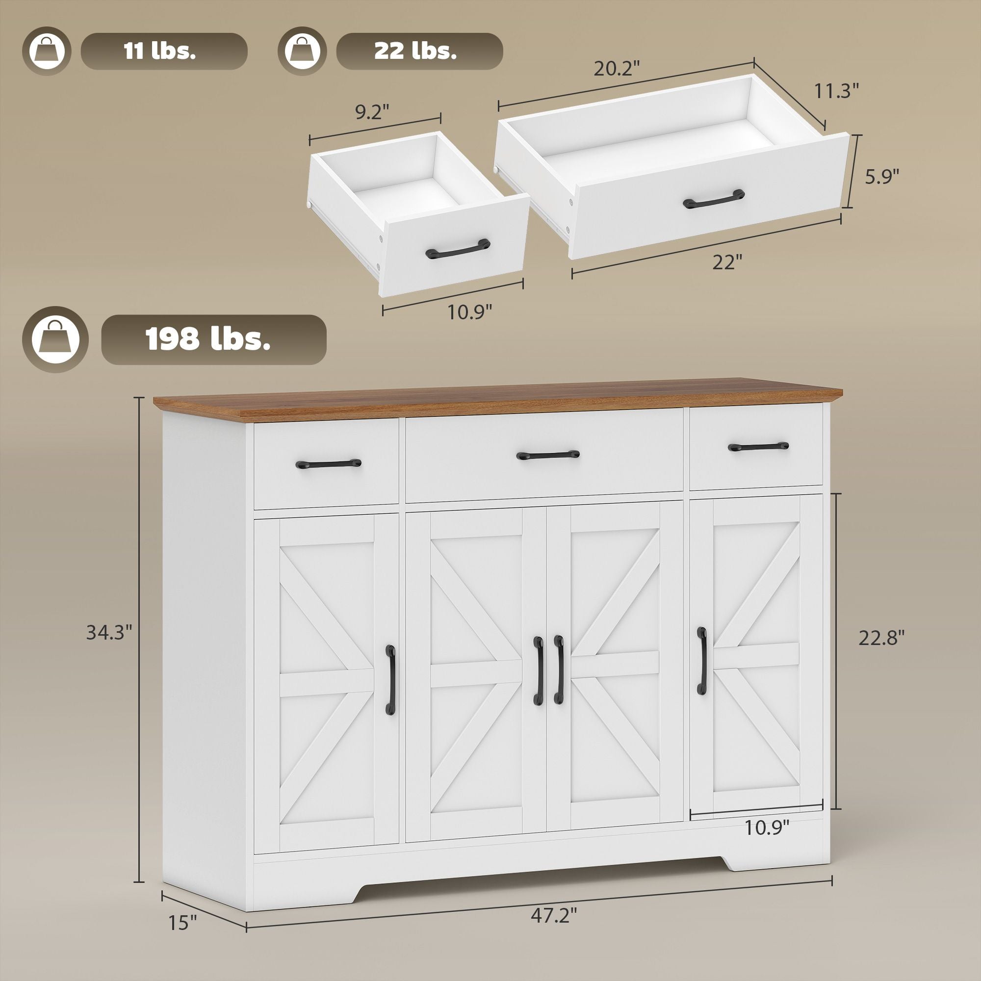 HOMCOM 47 in Farmhouse Buffet Sideboard with 3 Drawers, White & Walnut