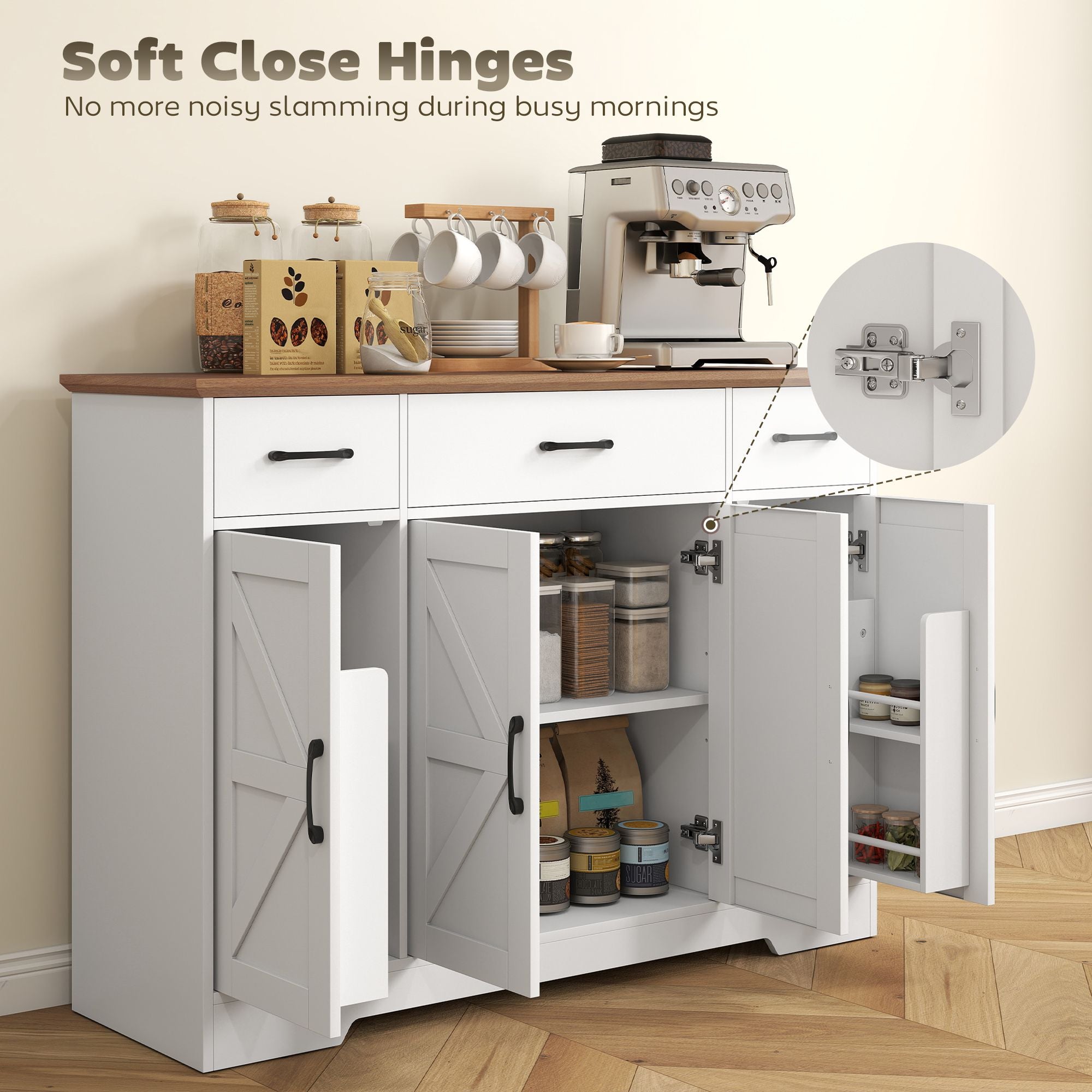 HOMCOM 47 in Farmhouse Buffet Sideboard with 3 Drawers, White & Walnut