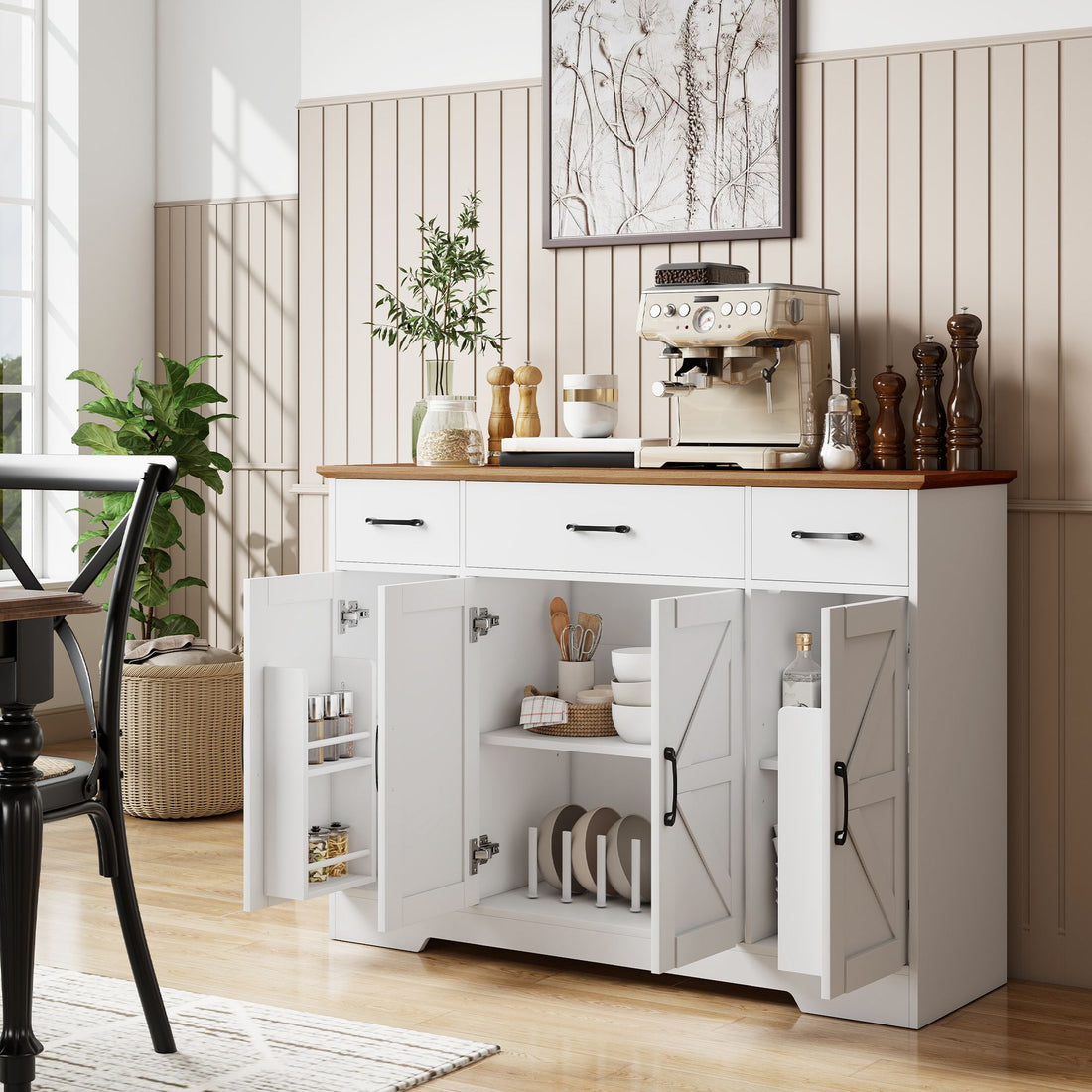 HOMCOM 47 in Farmhouse Buffet Sideboard with 3 Drawers, White & Walnut