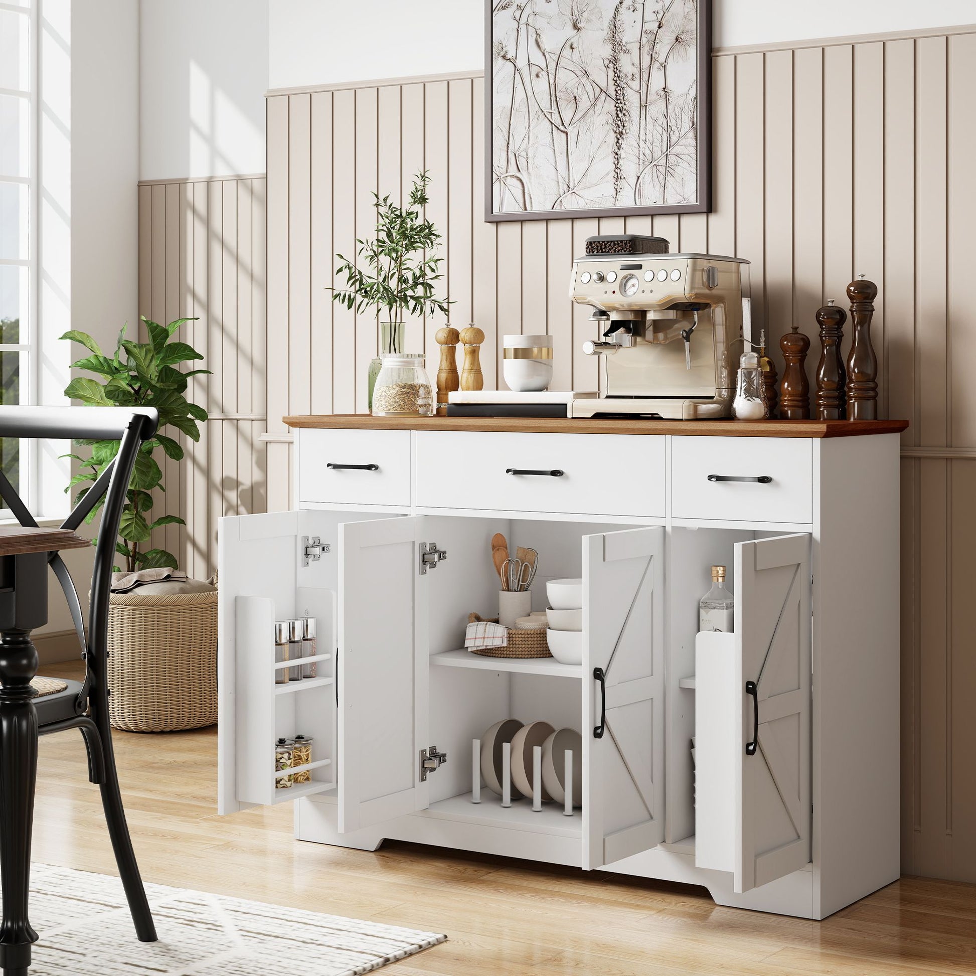 HOMCOM 47 in Farmhouse Buffet Sideboard with 3 Drawers, White & Walnut