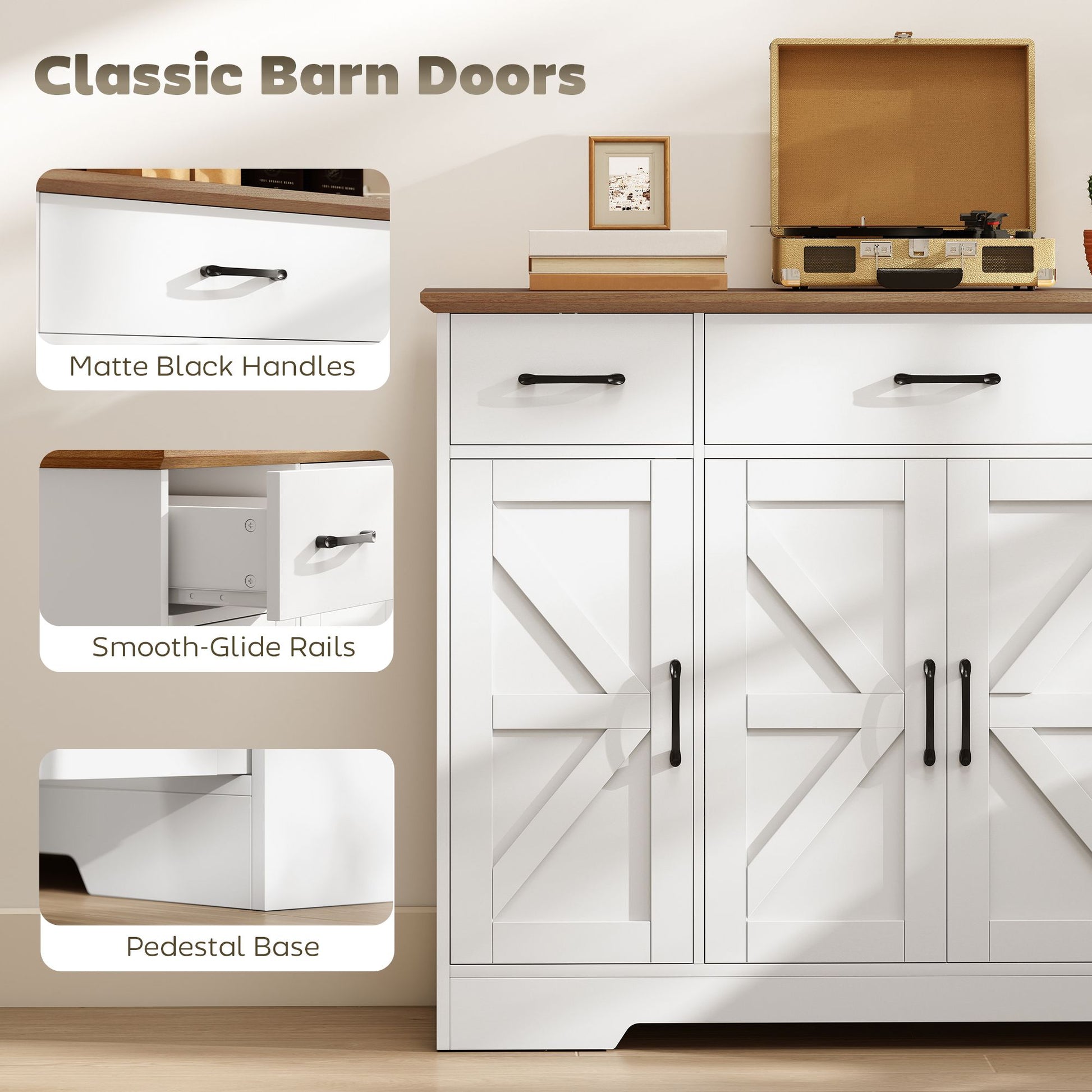 HOMCOM 47 in Farmhouse Buffet Sideboard with 3 Drawers, White & Walnut