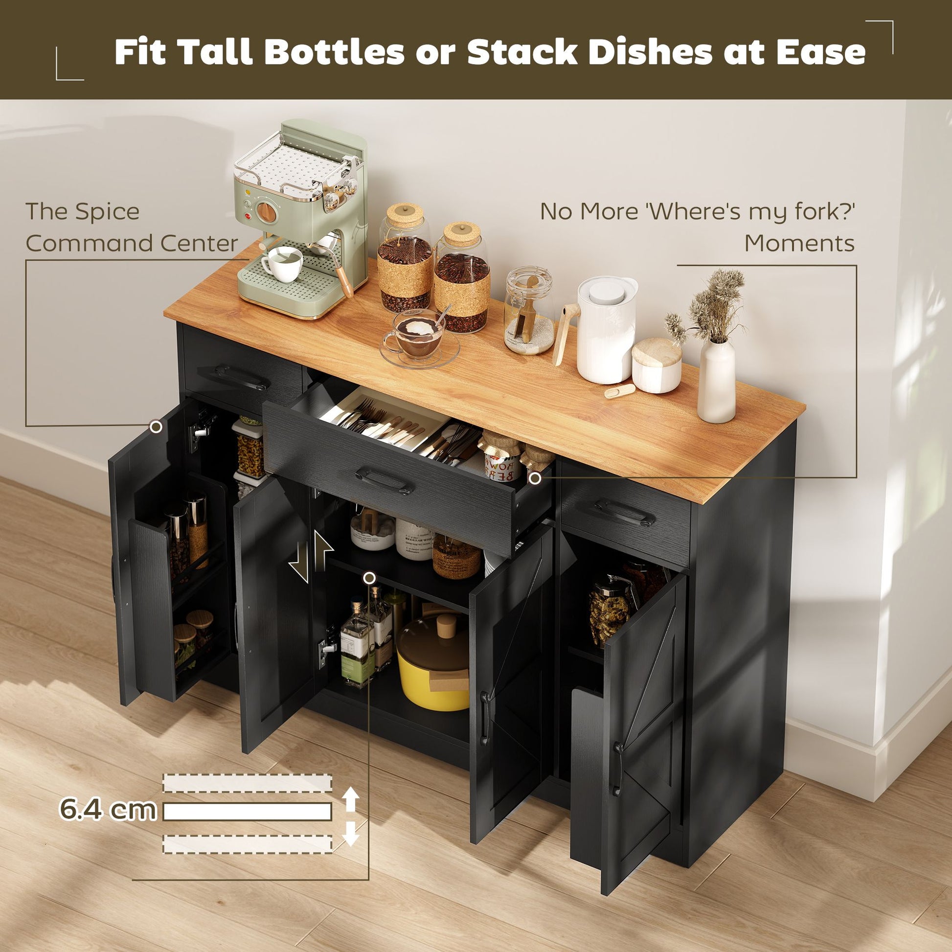 HOMCOM 47 in Farmhouse Buffet Sideboard with 3 Drawers, Black & Walnut