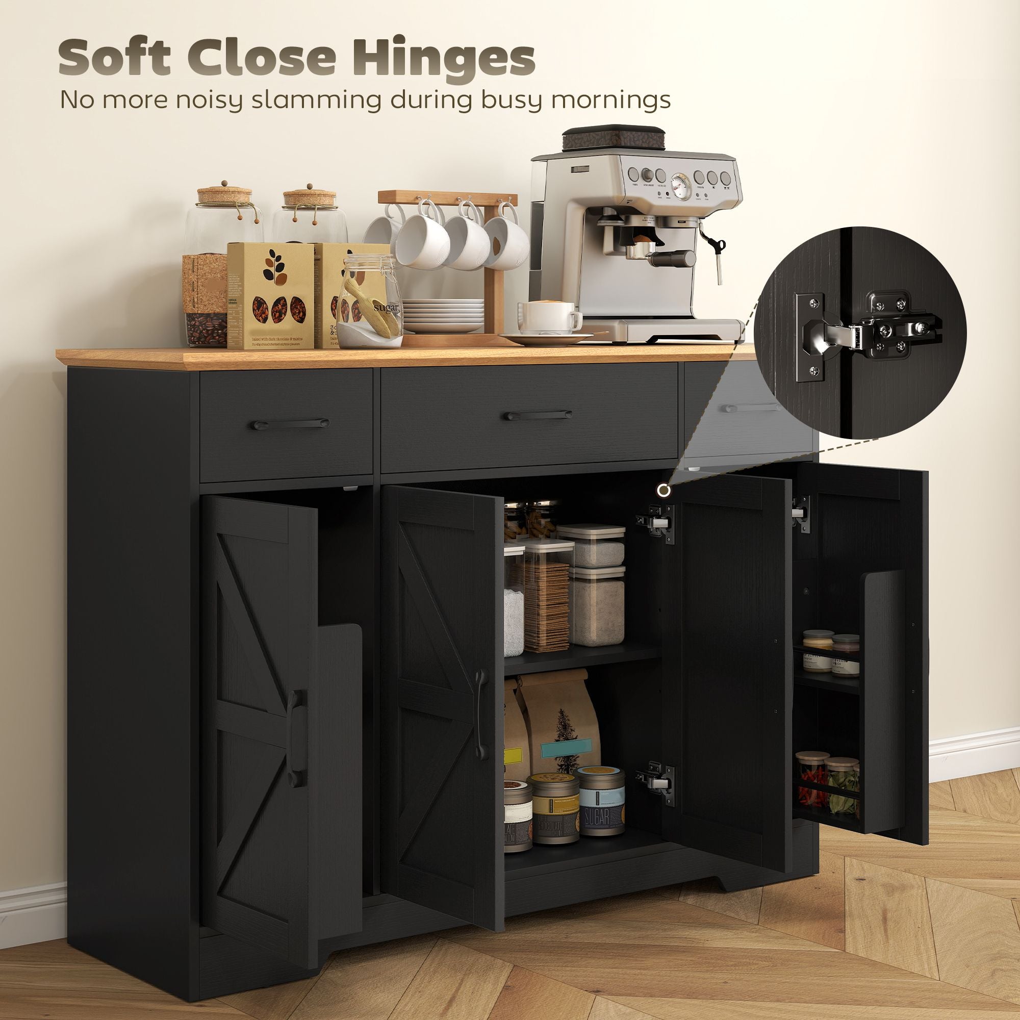 HOMCOM 47 in Farmhouse Buffet Sideboard with 3 Drawers, Black & Walnut