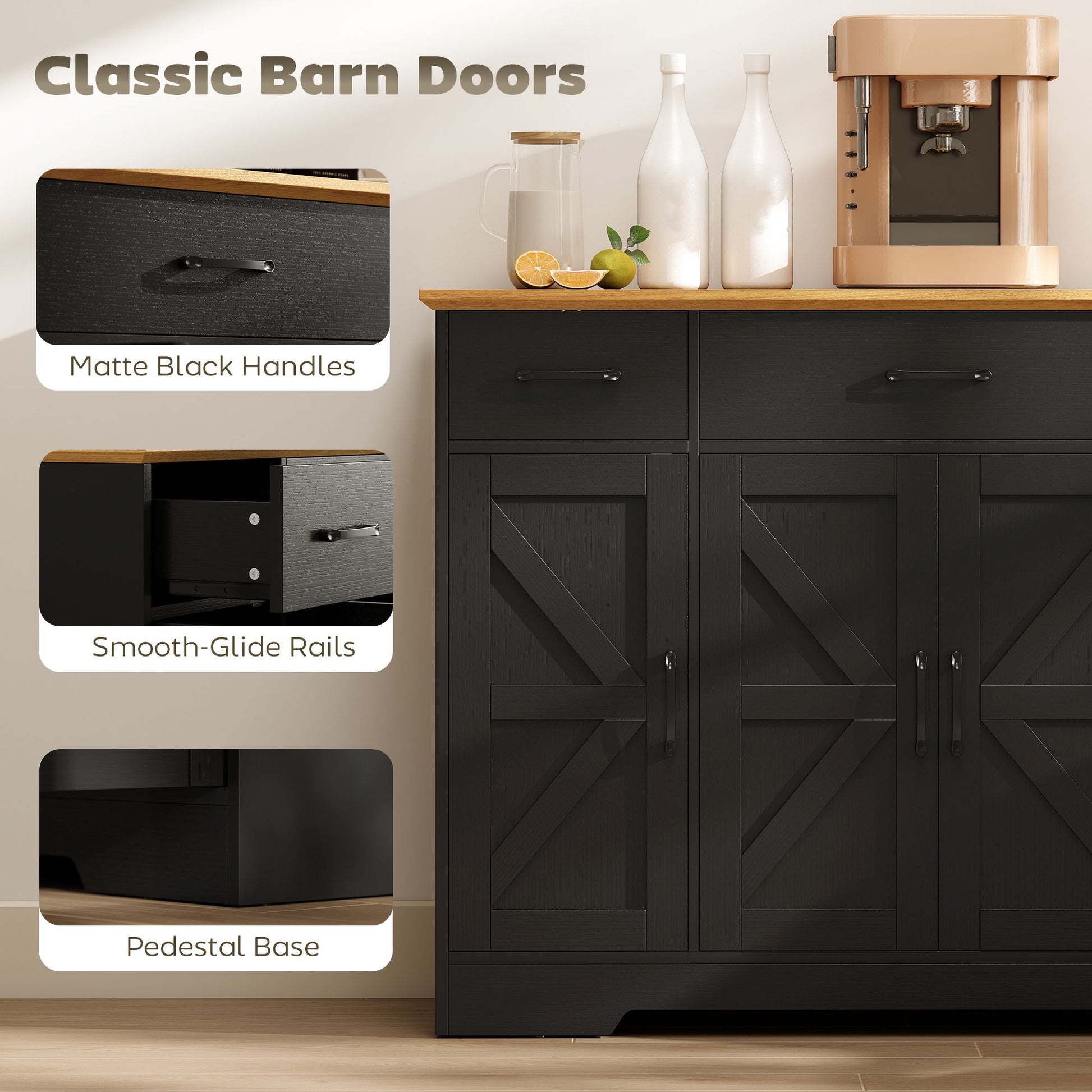 HOMCOM 47 in Farmhouse Buffet Sideboard with 3 Drawers, Black & Walnut
