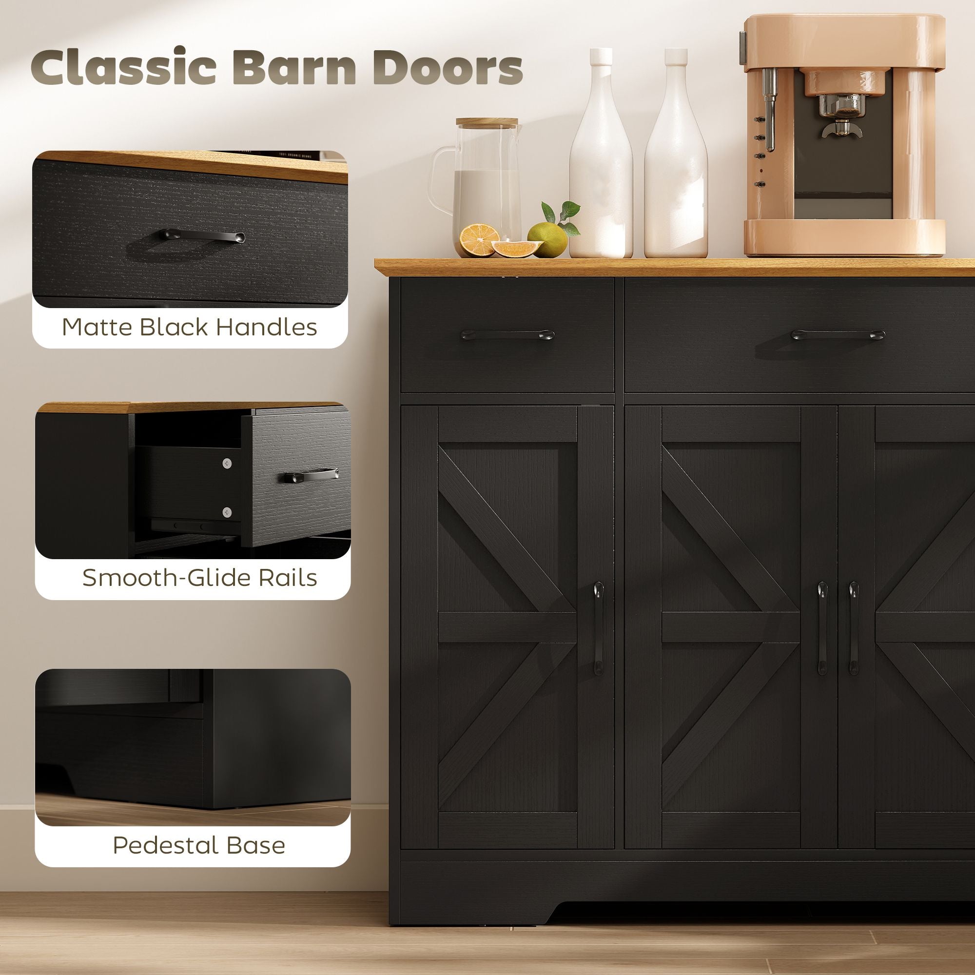 HOMCOM 47 in Farmhouse Buffet Sideboard with 3 Drawers, Black & Walnut