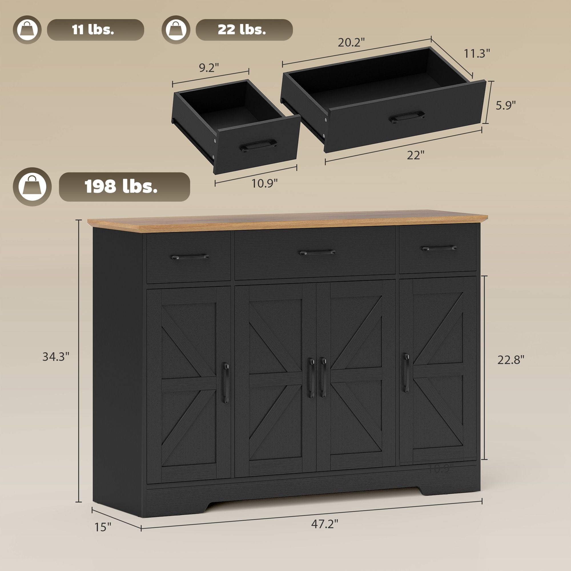HOMCOM 47 in Farmhouse Buffet Sideboard with 3 Drawers, Black & Walnut