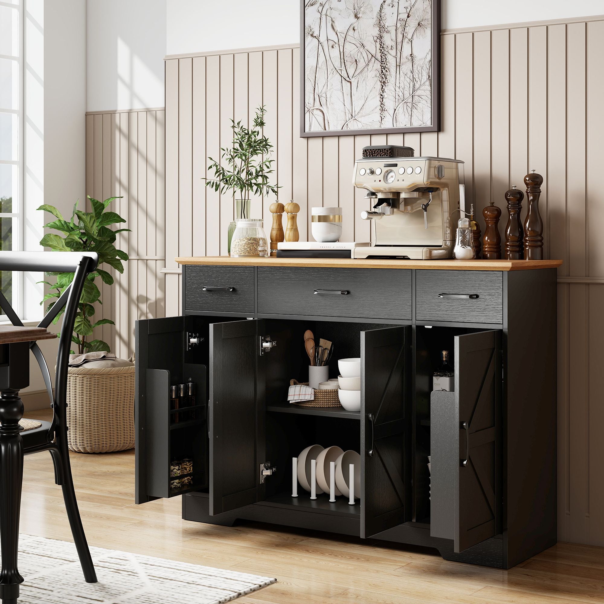 HOMCOM 47 in Farmhouse Buffet Sideboard with 3 Drawers, Black & Walnut