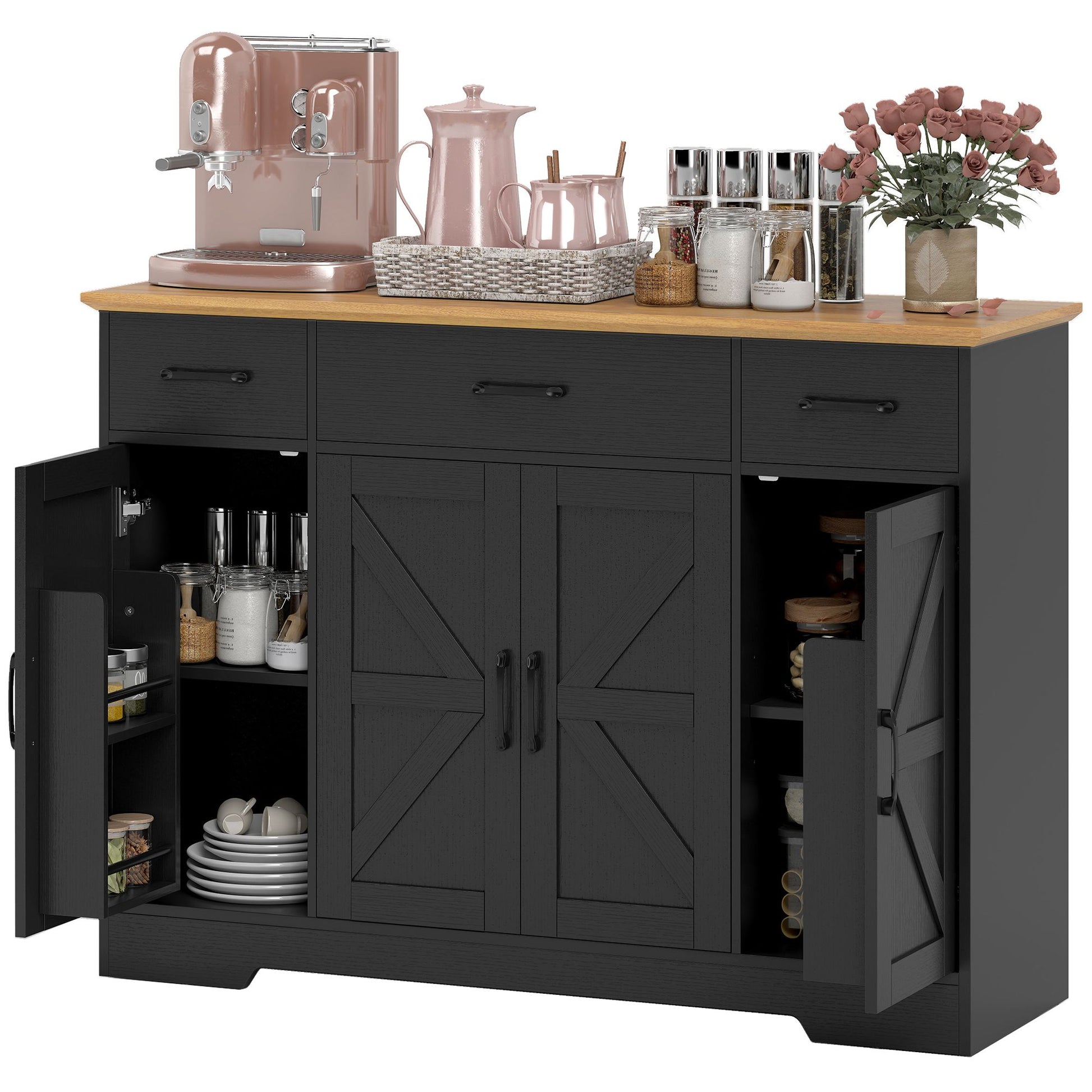 HOMCOM 47 in Farmhouse Buffet Sideboard with 3 Drawers, Black & Walnut
