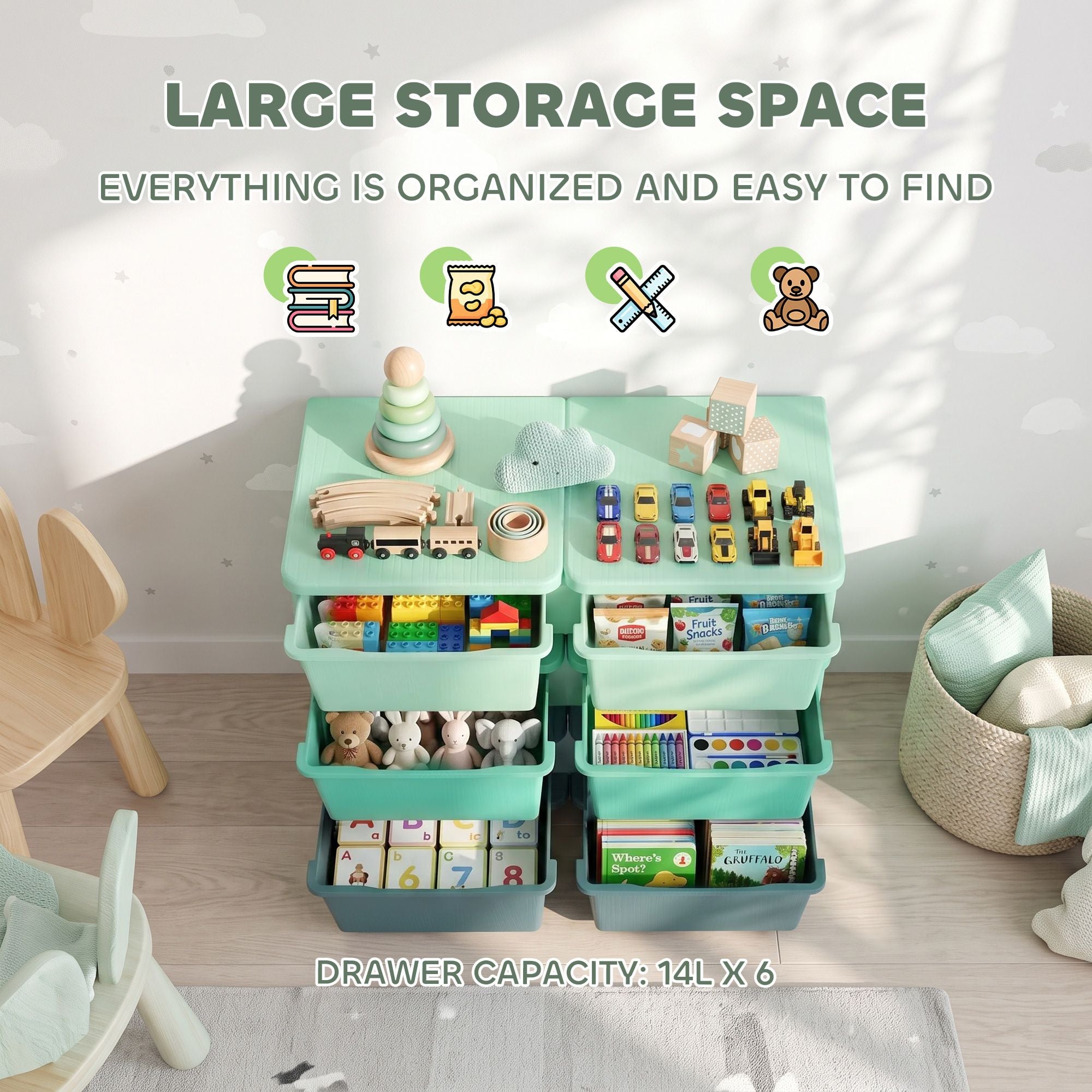 Qaba 3-Tier Kids Toy Storage Organizer with 6 Drawers, Green