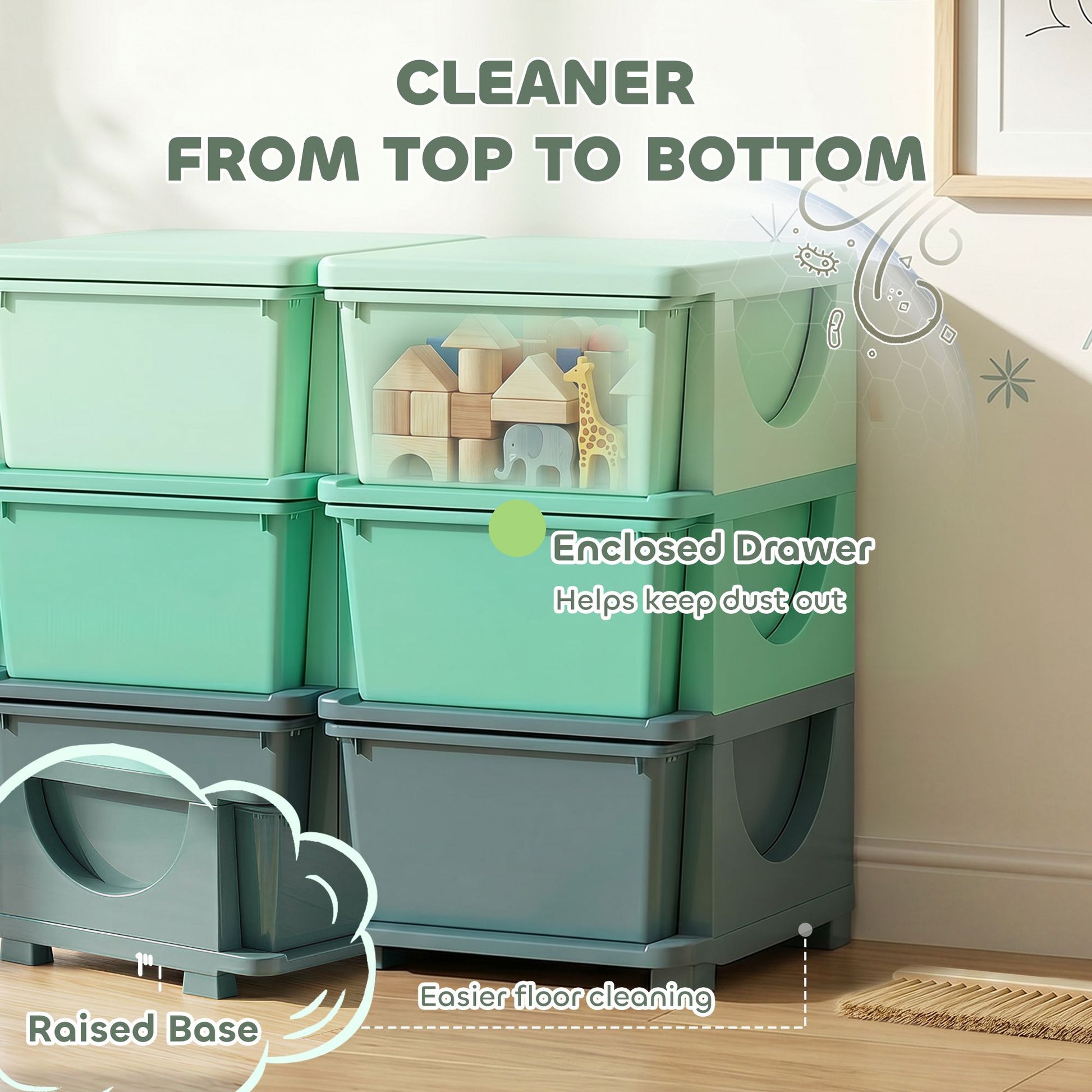 Qaba 3-Tier Kids Toy Storage Organizer with 6 Drawers, Green