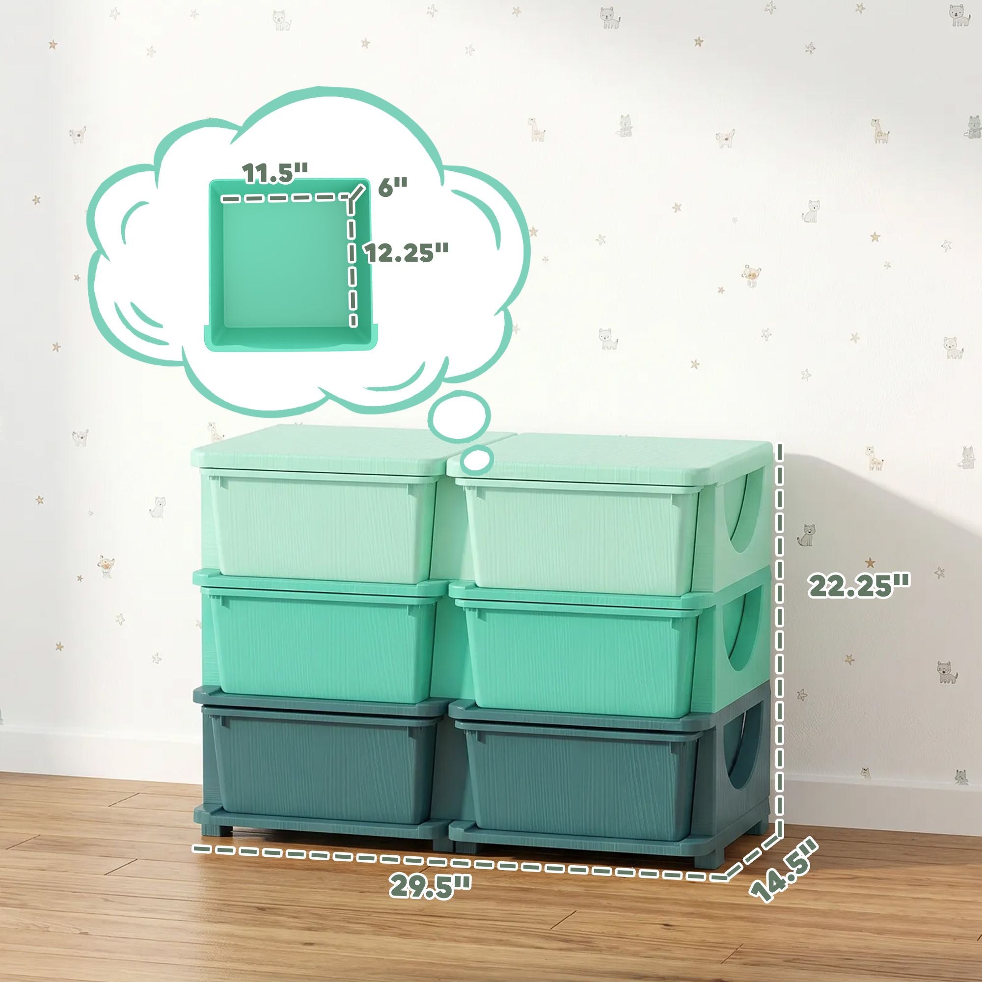 Qaba 3-Tier Kids Toy Storage Organizer with 6 Drawers, Green