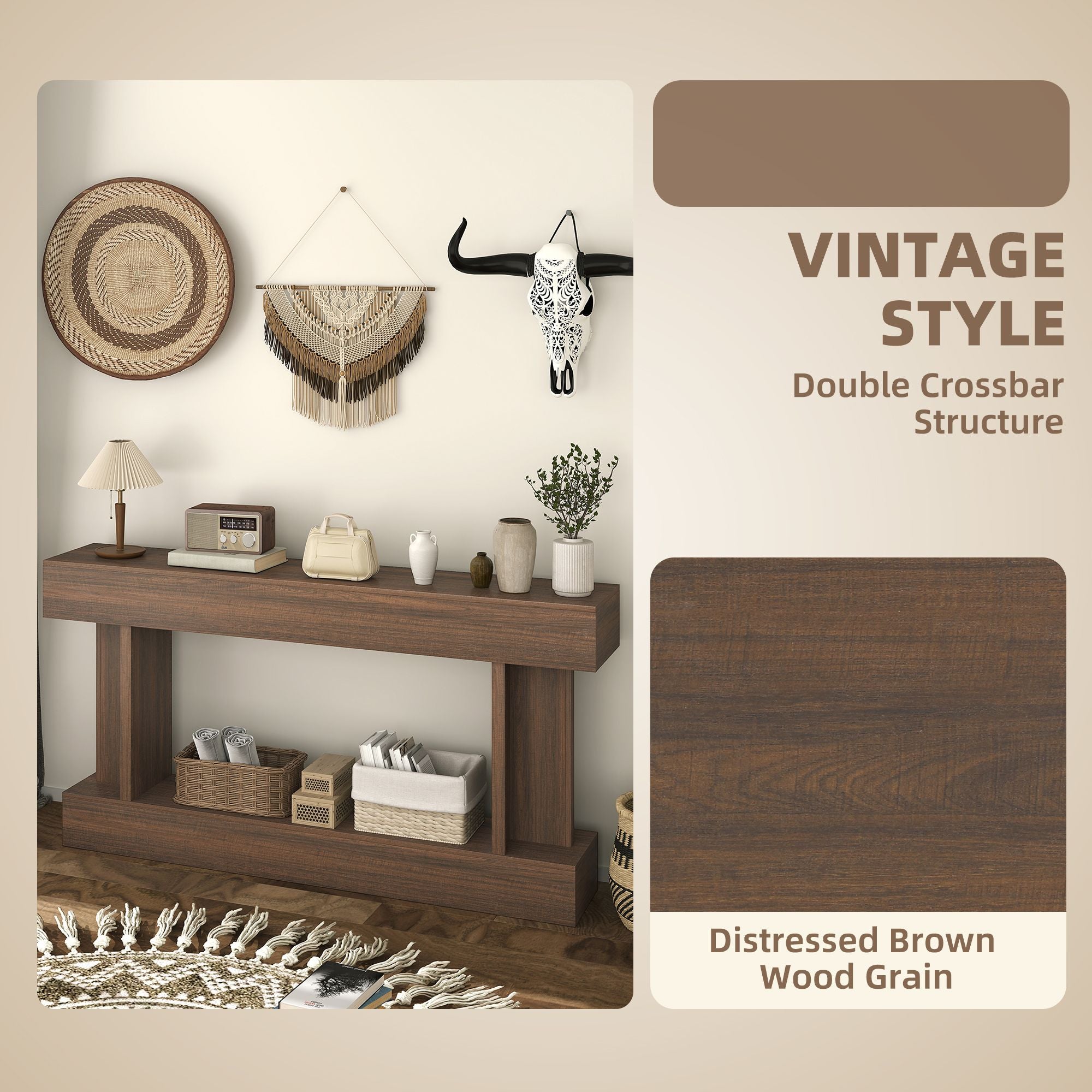 HOMCOM 63 in Vintage Console Table with Storage Shelf, Brown