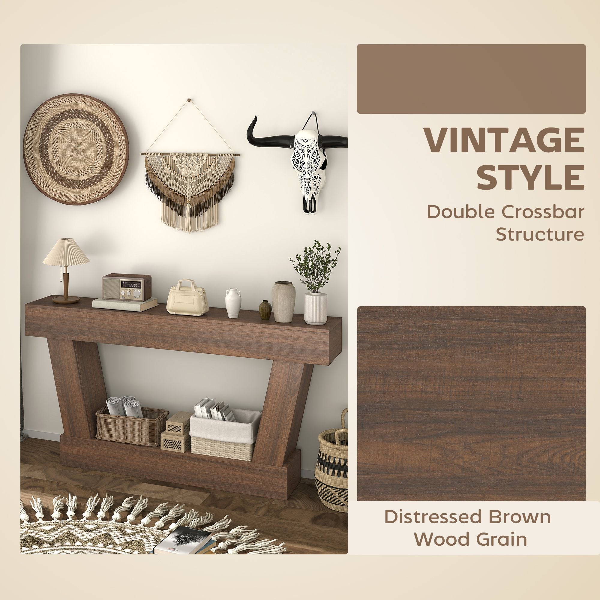 HOMCOM 63 in Vintage Console Table with Open Shelf, Brown