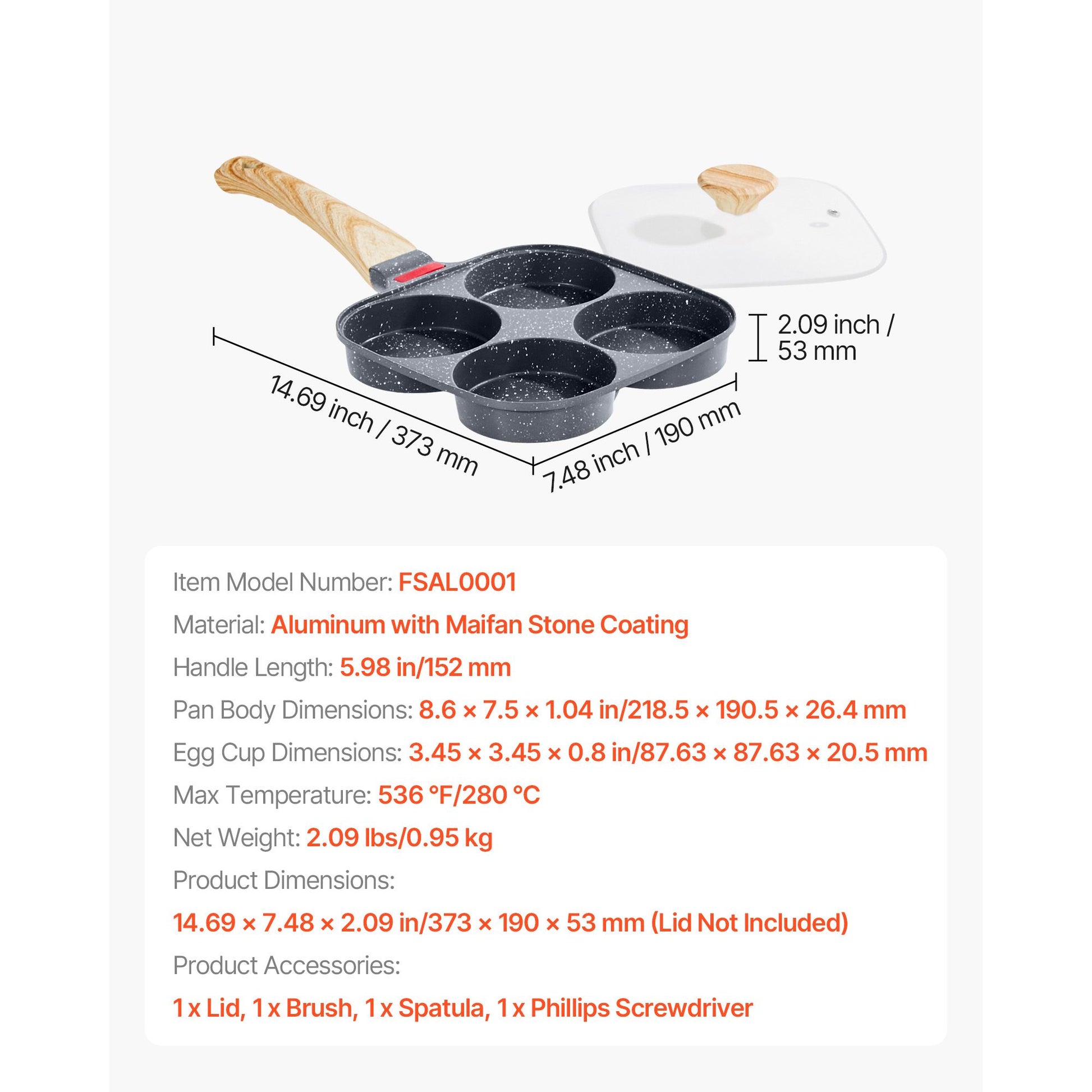 VEVOR 4-Cup Nonstick Egg Frying Pan, Aluminum