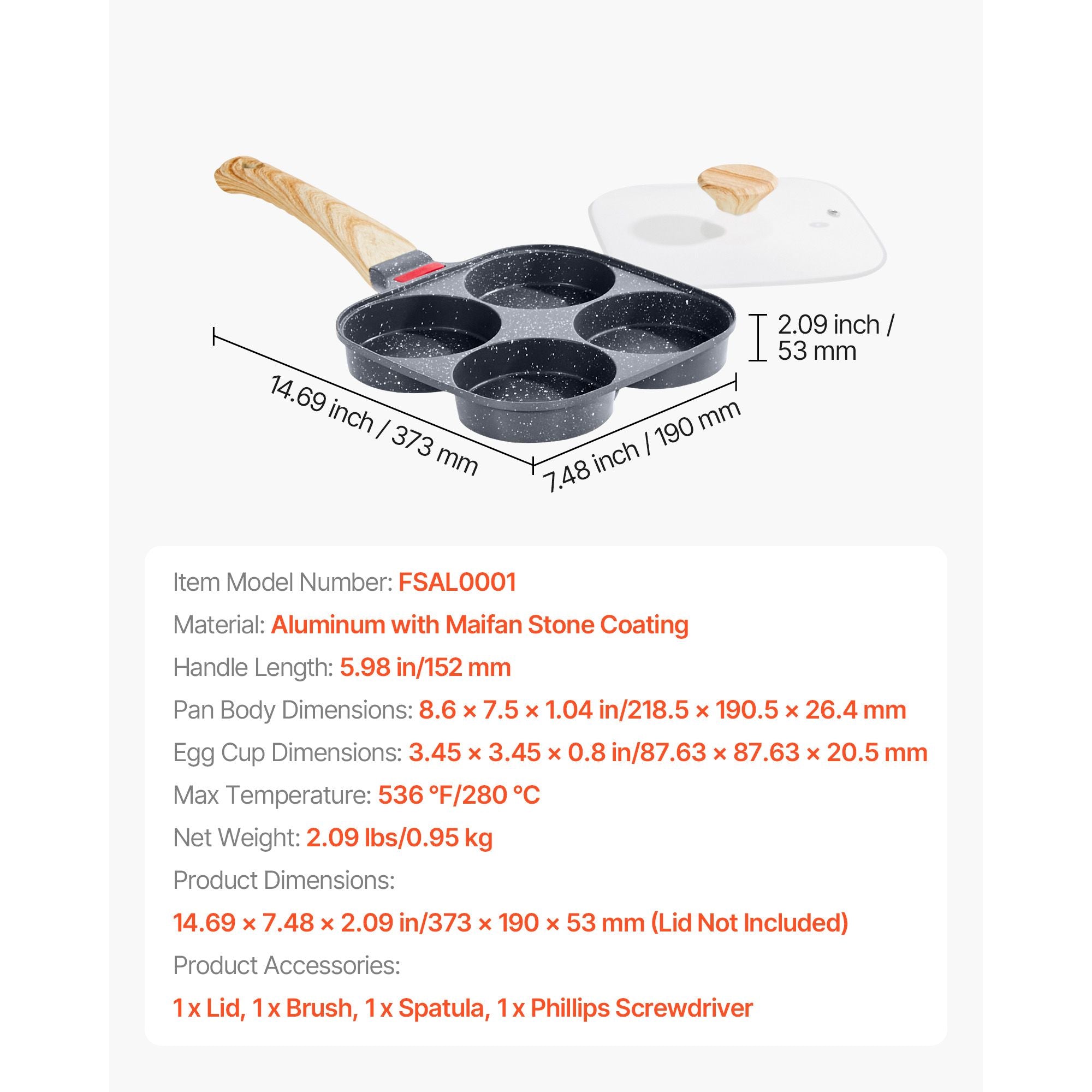 VEVOR 4-Cup Nonstick Egg Frying Pan, Aluminum