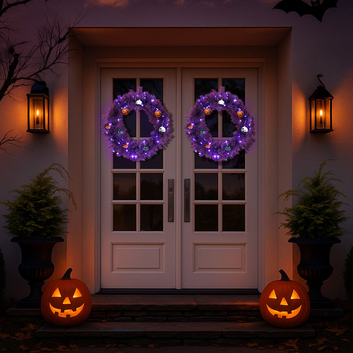 24in Pre-lit Halloween-Themed Christmas Wreath, Lighted Artificial Xmas Wreath with 50 Purple & Orange Lights and 100 PVC Tips and DIY Ball - product view 2