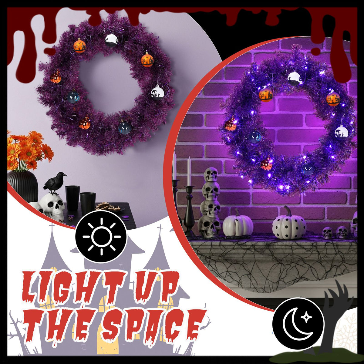 24in Pre-lit Halloween-Themed Christmas Wreath, Lighted Artificial Xmas Wreath with 50 Purple & Orange Lights and 100 PVC Tips and DIY Ball - product view 11