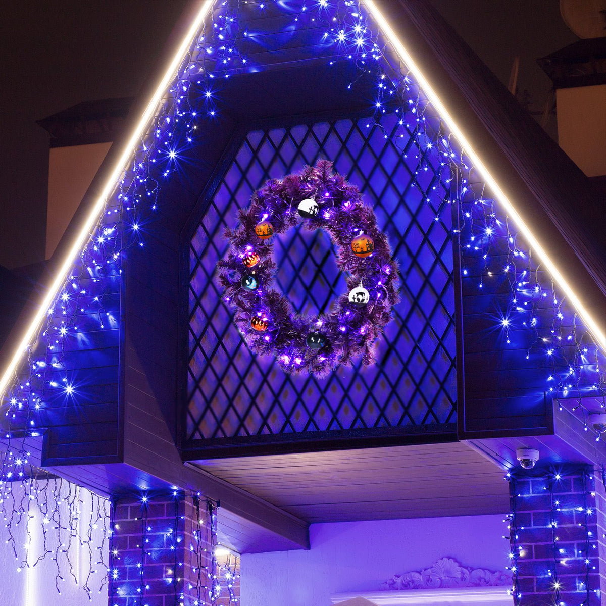 24in Pre-lit Halloween-Themed Christmas Wreath, Lighted Artificial Xmas Wreath with 50 Purple & Orange Lights and 100 PVC Tips and DIY Ball - product view 4