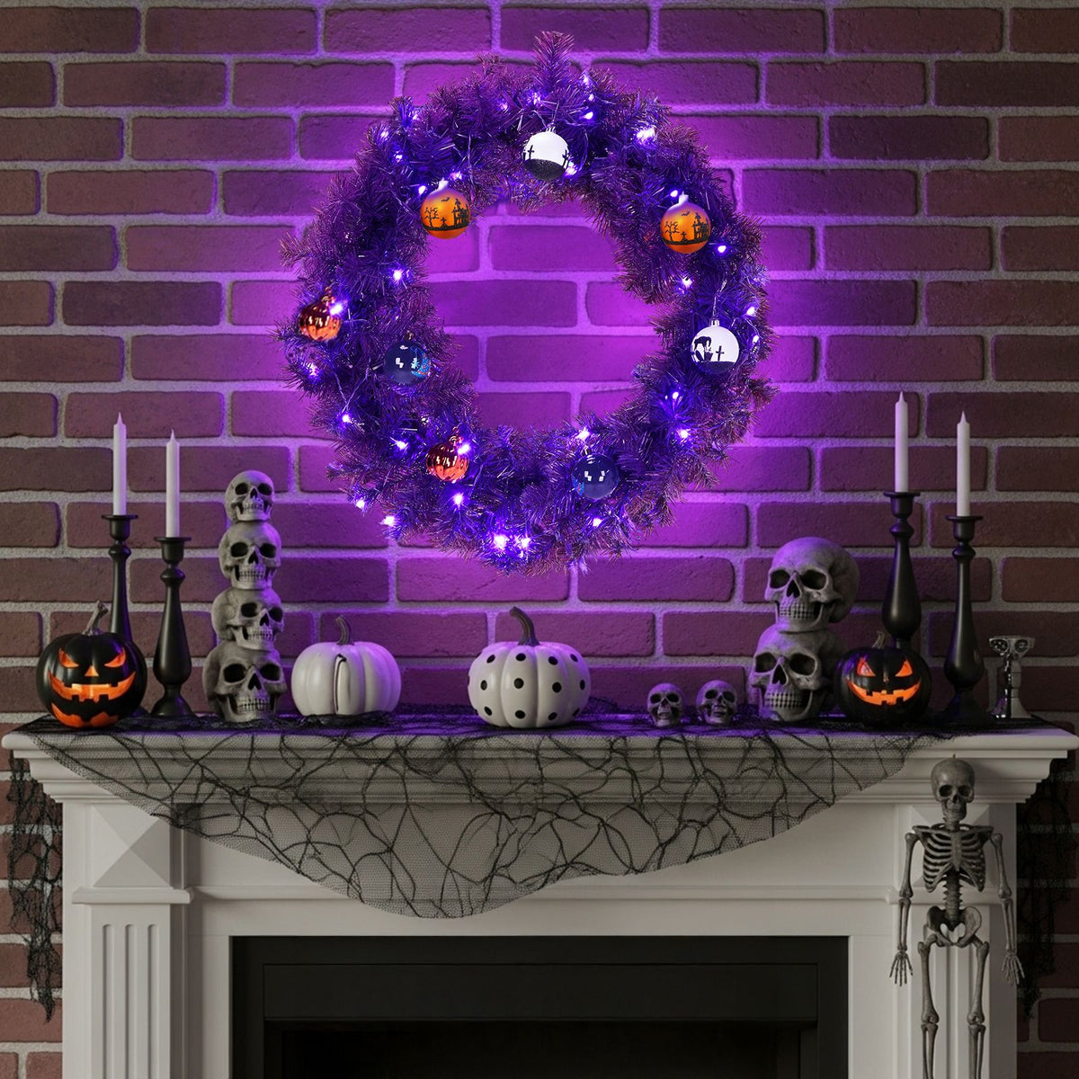 24in Pre-lit Halloween-Themed Christmas Wreath, Lighted Artificial Xmas Wreath with 50 Purple & Orange Lights and 100 PVC Tips and DIY Ball - product view 5