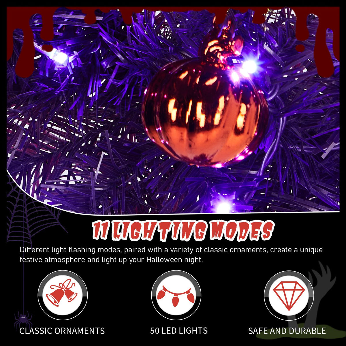 24in Pre-lit Halloween-Themed Christmas Wreath, Lighted Artificial Xmas Wreath with 50 Purple & Orange Lights and 100 PVC Tips and DIY Ball - product view 8