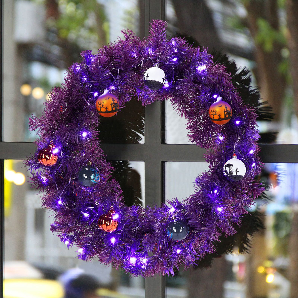 24in Pre-lit Halloween-Themed Christmas Wreath, Lighted Artificial Xmas Wreath with 50 Purple & Orange Lights and 100 PVC Tips and DIY Ball - product view 3
