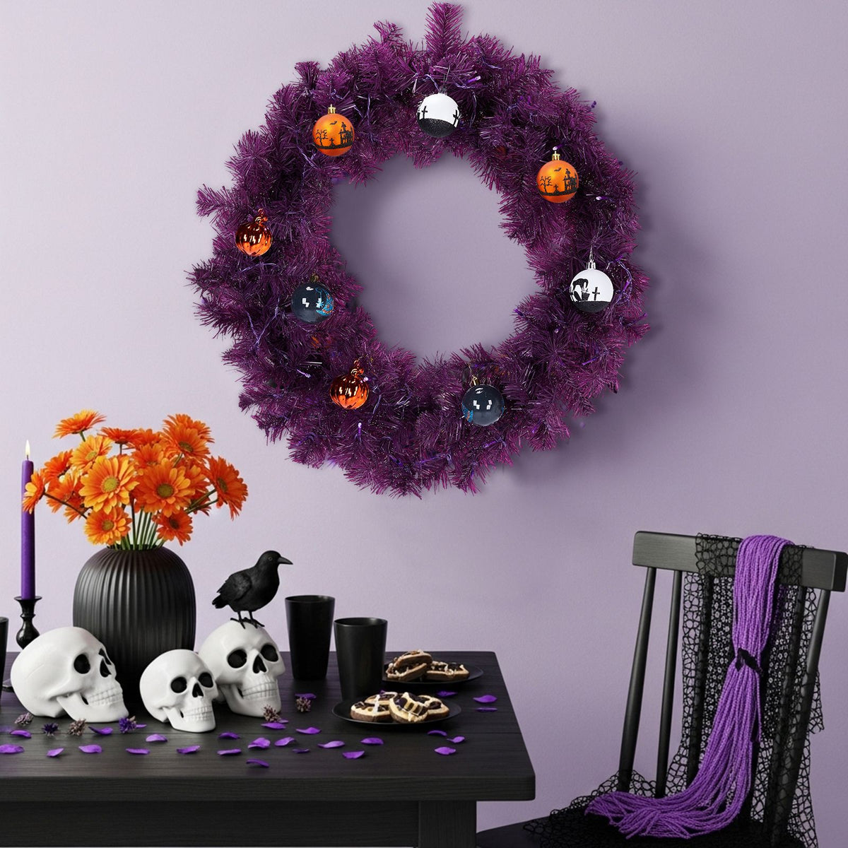 24in Pre-lit Halloween-Themed Christmas Wreath, Lighted Artificial Xmas Wreath with 50 Purple & Orange Lights and 100 PVC Tips and DIY Ball - product view 6