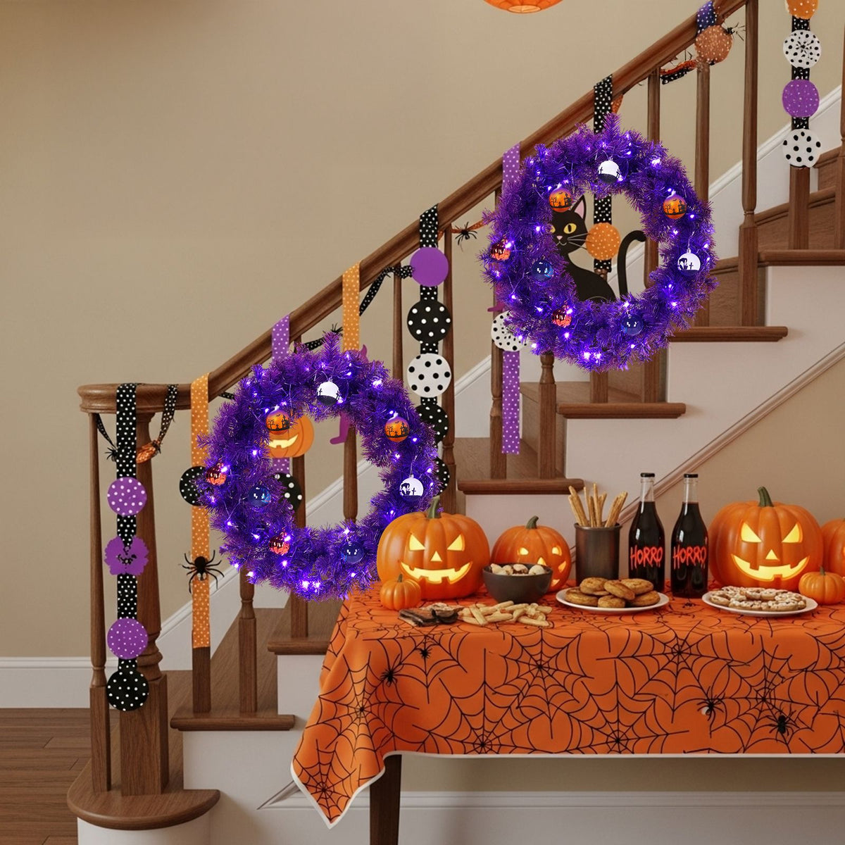 24in Pre-lit Halloween-Themed Christmas Wreath, Lighted Artificial Xmas Wreath with 50 Purple & Orange Lights and 100 PVC Tips and DIY Ball - product view 7