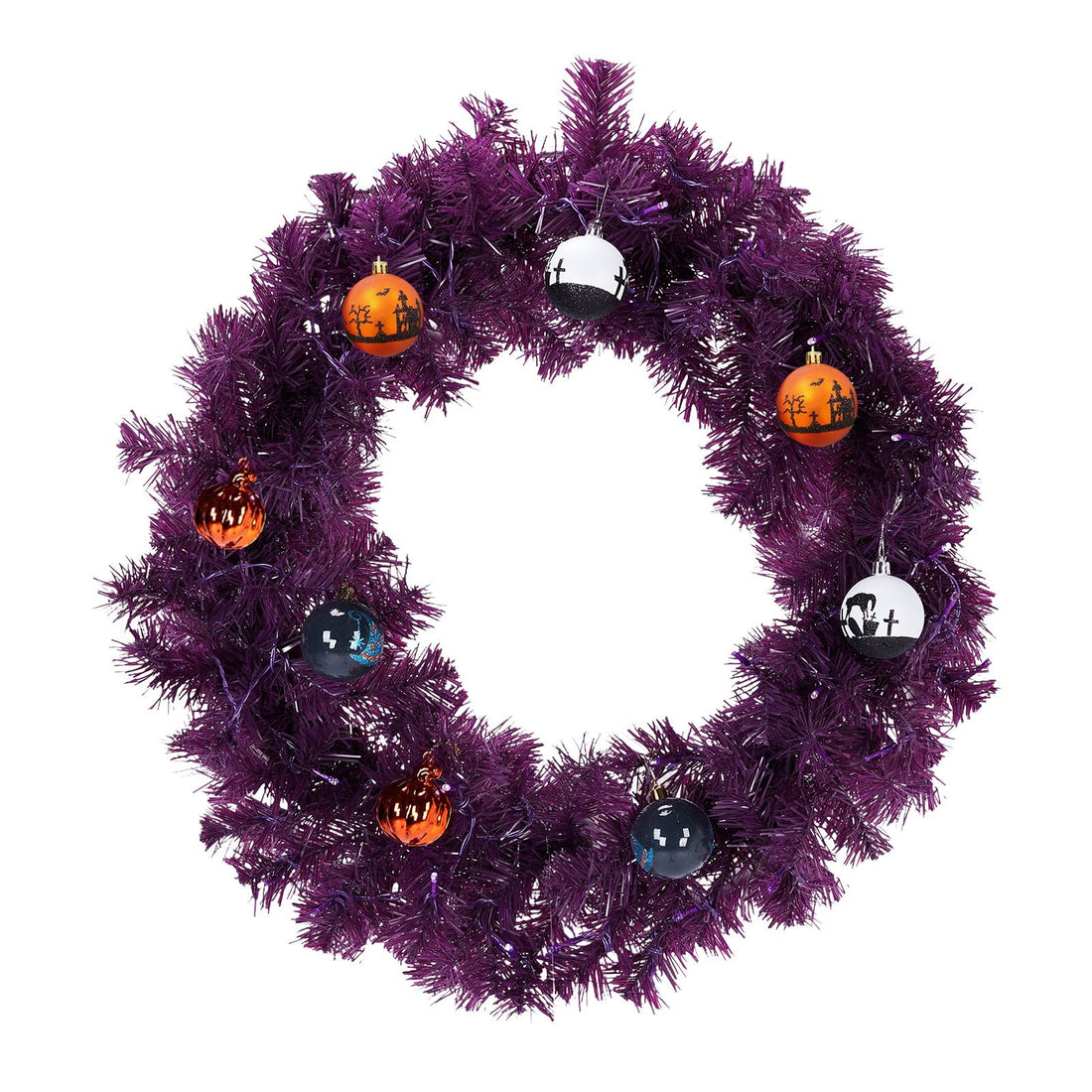 24in Pre-lit Halloween-Themed Christmas Wreath, Lighted Artificial Xmas Wreath with 50 Purple & Orange Lights and 100 PVC Tips and DIY Ball