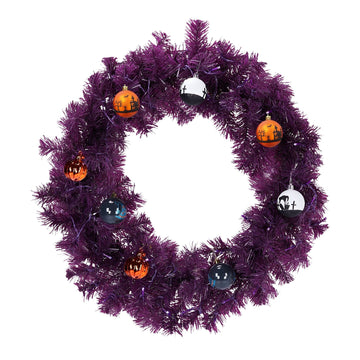 24in Pre-lit Halloween-Themed Christmas Wreath, Lighted Artificial Xmas Wreath with 50 Purple & Orange Lights and 100 PVC Tips and DIY Ball