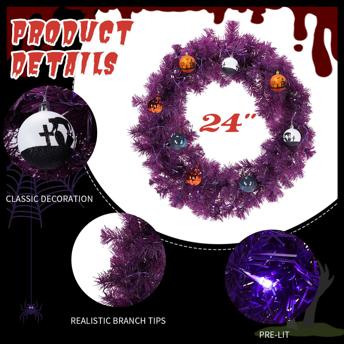 24in Pre-lit Halloween-Themed Christmas Wreath, Lighted Artificial Xmas Wreath with 50 Purple & Orange Lights and 100 PVC Tips and DIY Ball - product view 9