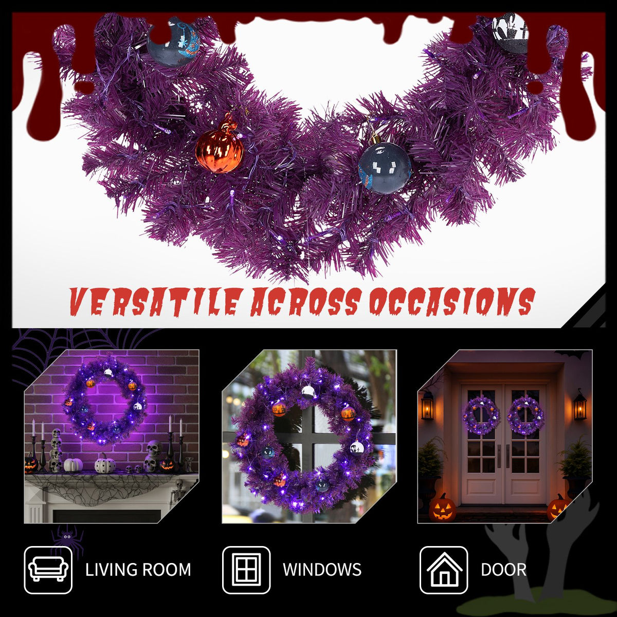 24in Pre-lit Halloween-Themed Christmas Wreath, Lighted Artificial Xmas Wreath with 50 Purple & Orange Lights and 100 PVC Tips and DIY Ball - product view 10