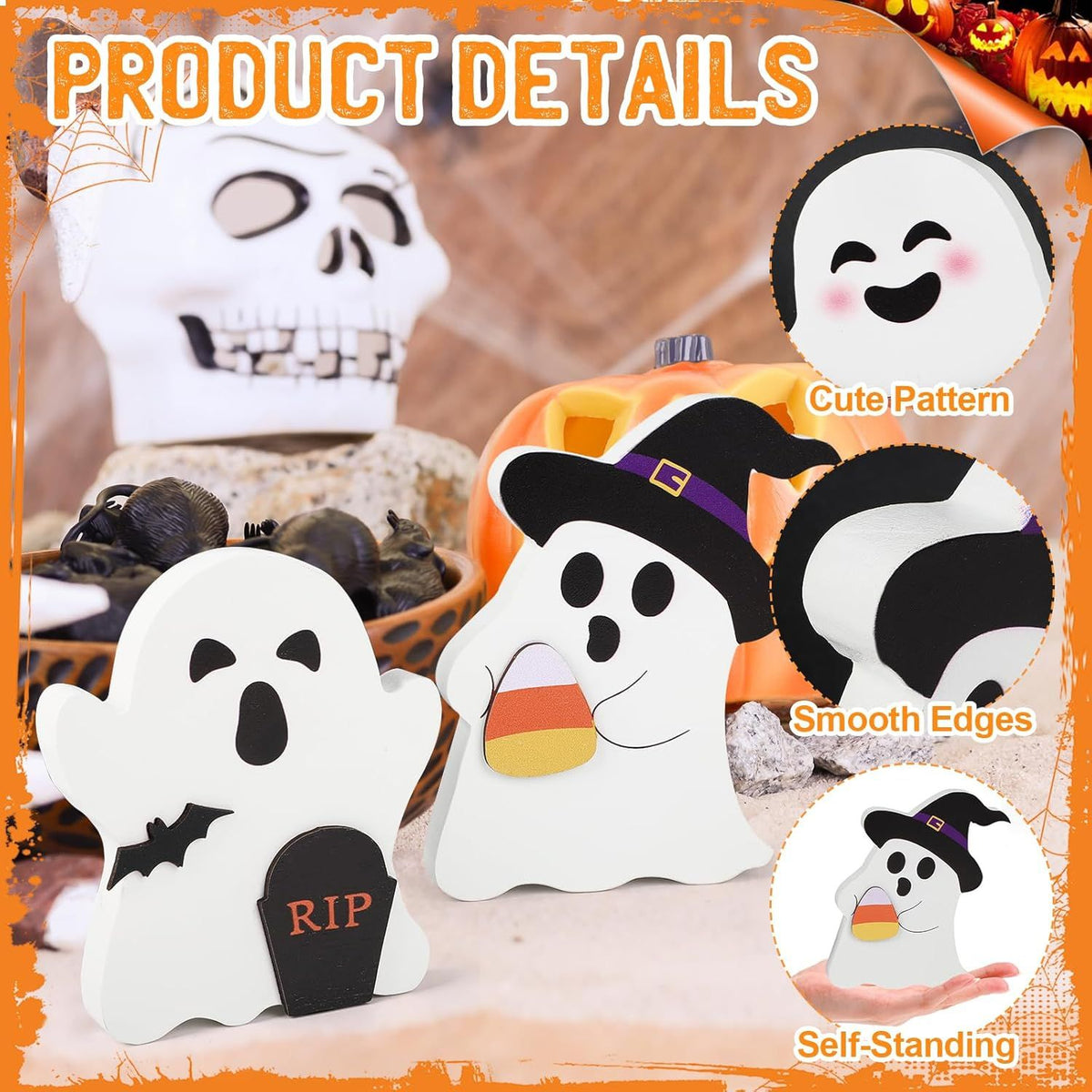 Cute Ghost Halloween Decorations Indoor, Wooden Tiered Tray Decor Table Sign Set of 3, Black Cat Bat Witch Broom Signs Pumpkin Blocks for Party Home - product view 4