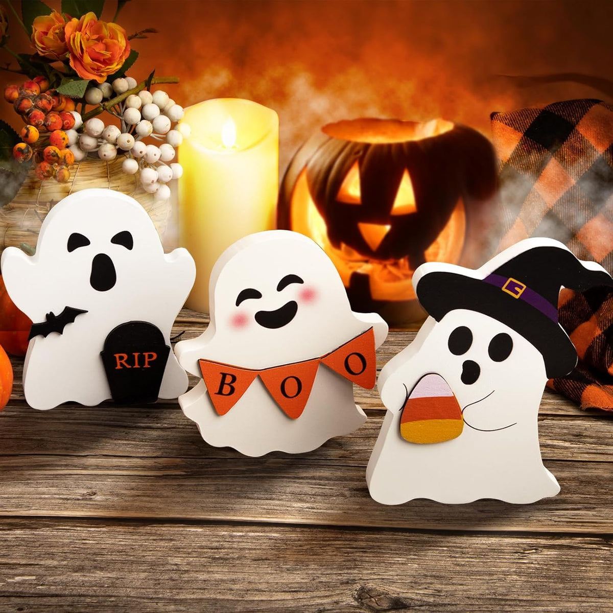 Cute Ghost Halloween Decorations Indoor, Wooden Tiered Tray Decor Table Sign Set of 3, Black Cat Bat Witch Broom Signs Pumpkin Blocks for Party Home