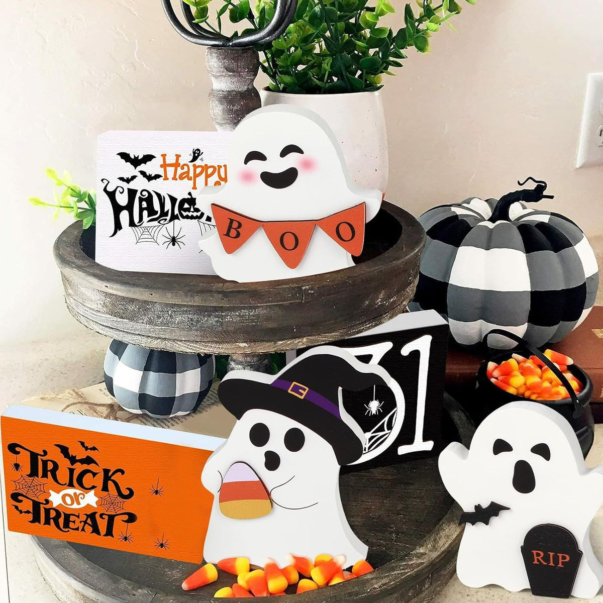 Cute Ghost Halloween Decorations Indoor, Wooden Tiered Tray Decor Table Sign Set of 3, Black Cat Bat Witch Broom Signs Pumpkin Blocks for Party Home - product view 5