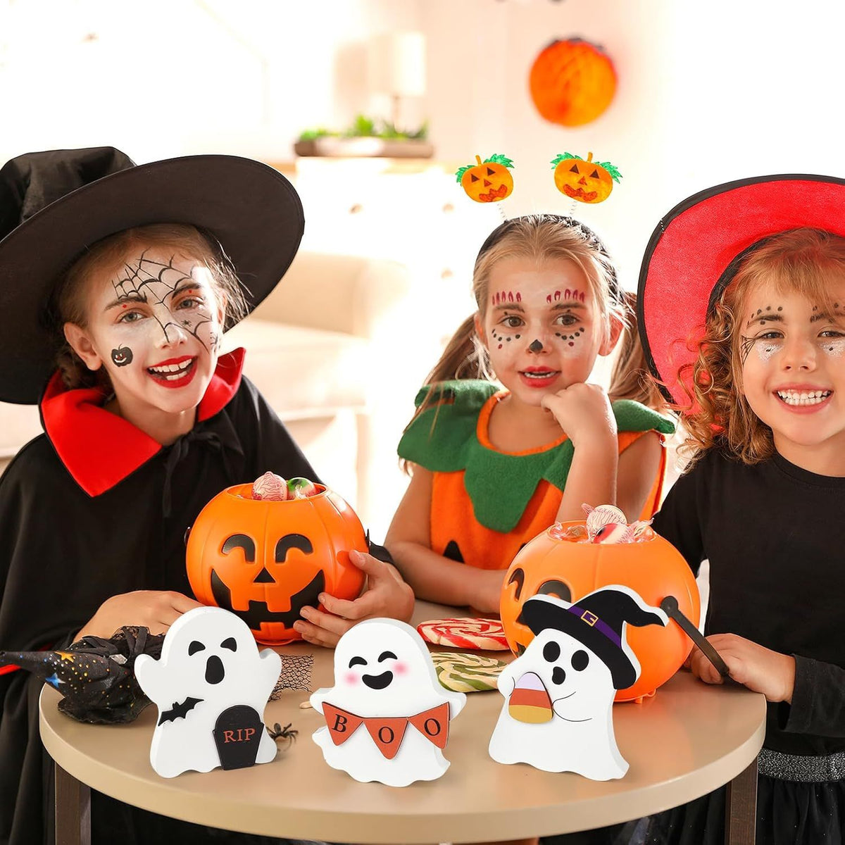 Cute Ghost Halloween Decorations Indoor, Wooden Tiered Tray Decor Table Sign Set of 3, Black Cat Bat Witch Broom Signs Pumpkin Blocks for Party Home - product view 3