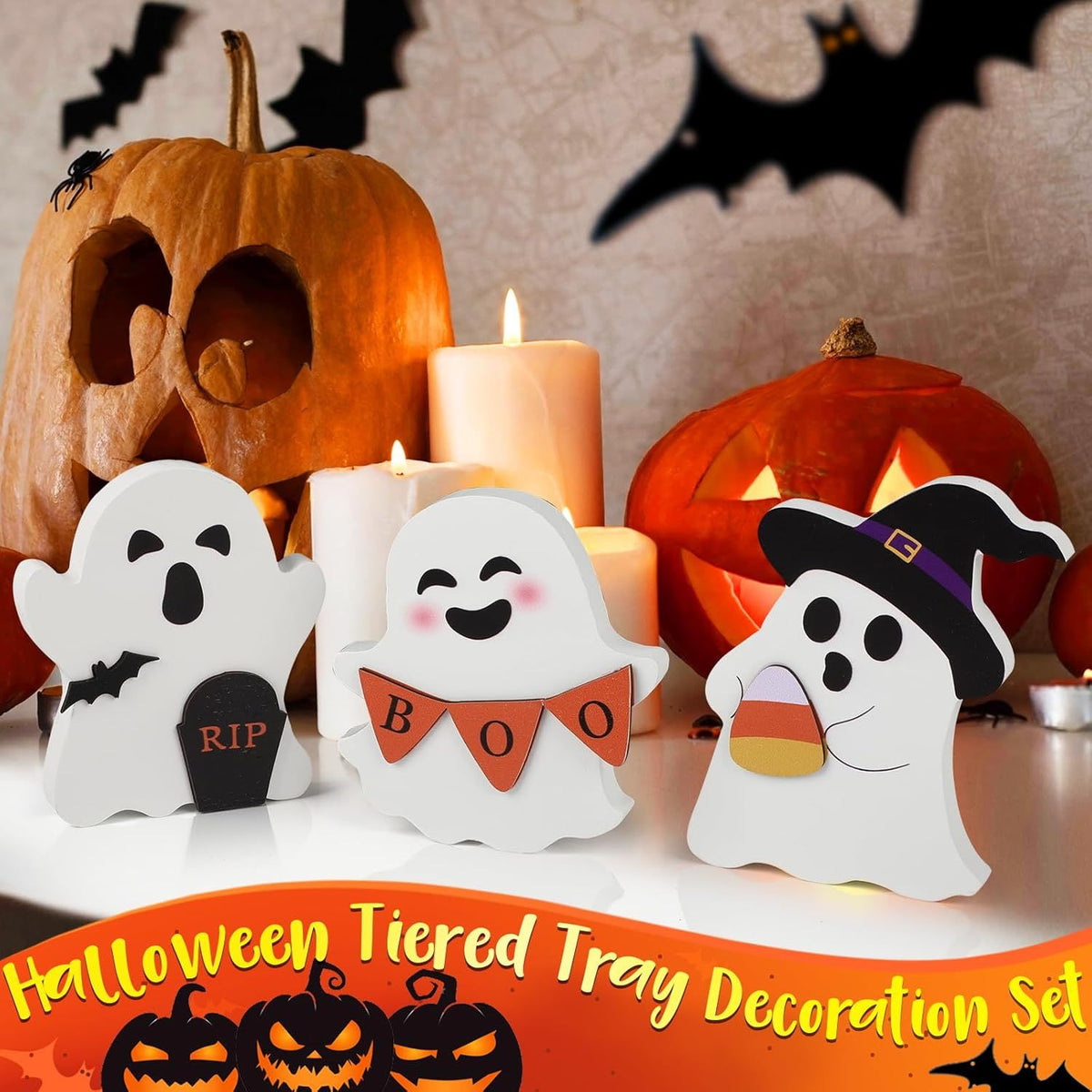 Cute Ghost Halloween Decorations Indoor, Wooden Tiered Tray Decor Table Sign Set of 3, Black Cat Bat Witch Broom Signs Pumpkin Blocks for Party Home - product view 6